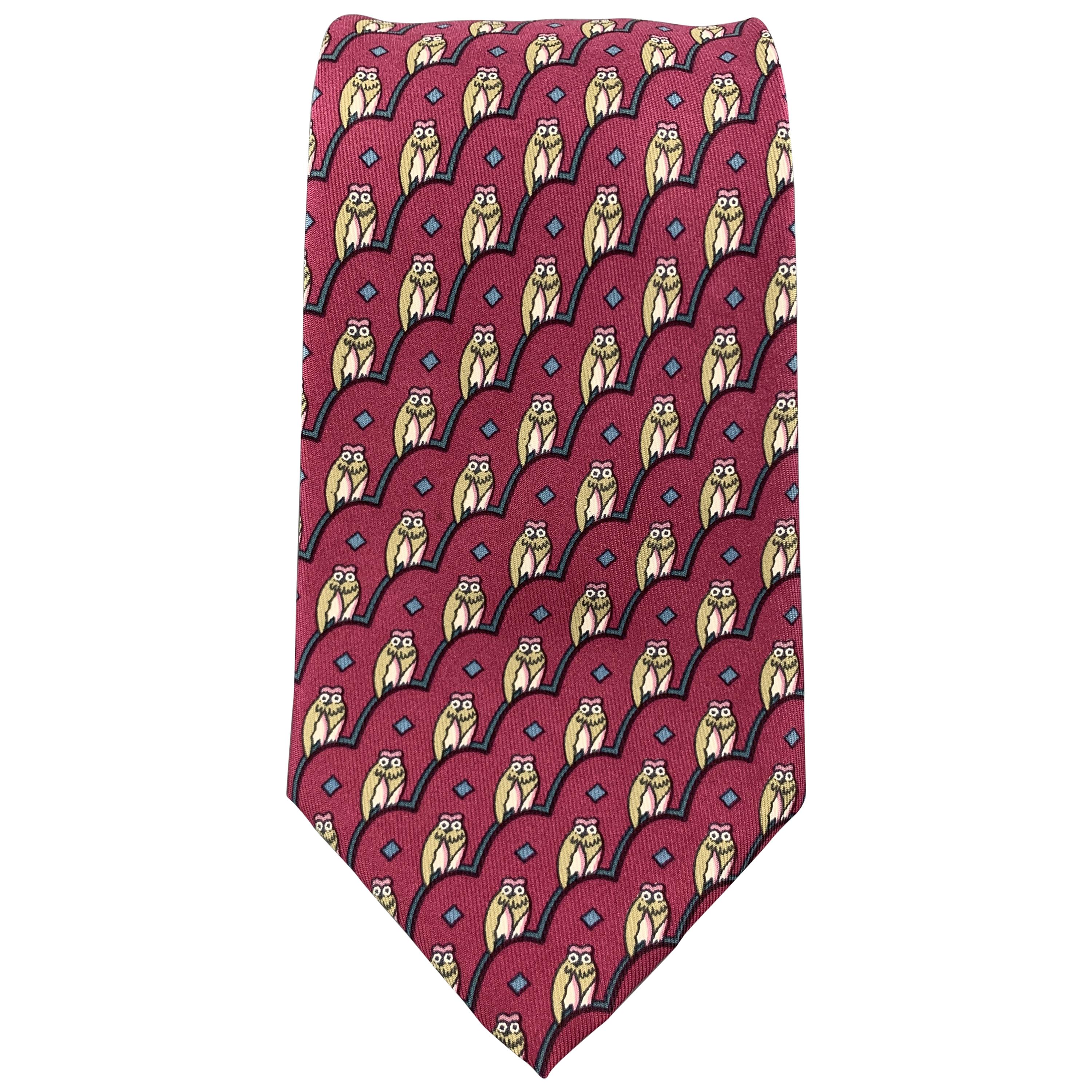 HERMES Burgundy Owl Print Silk Tie
