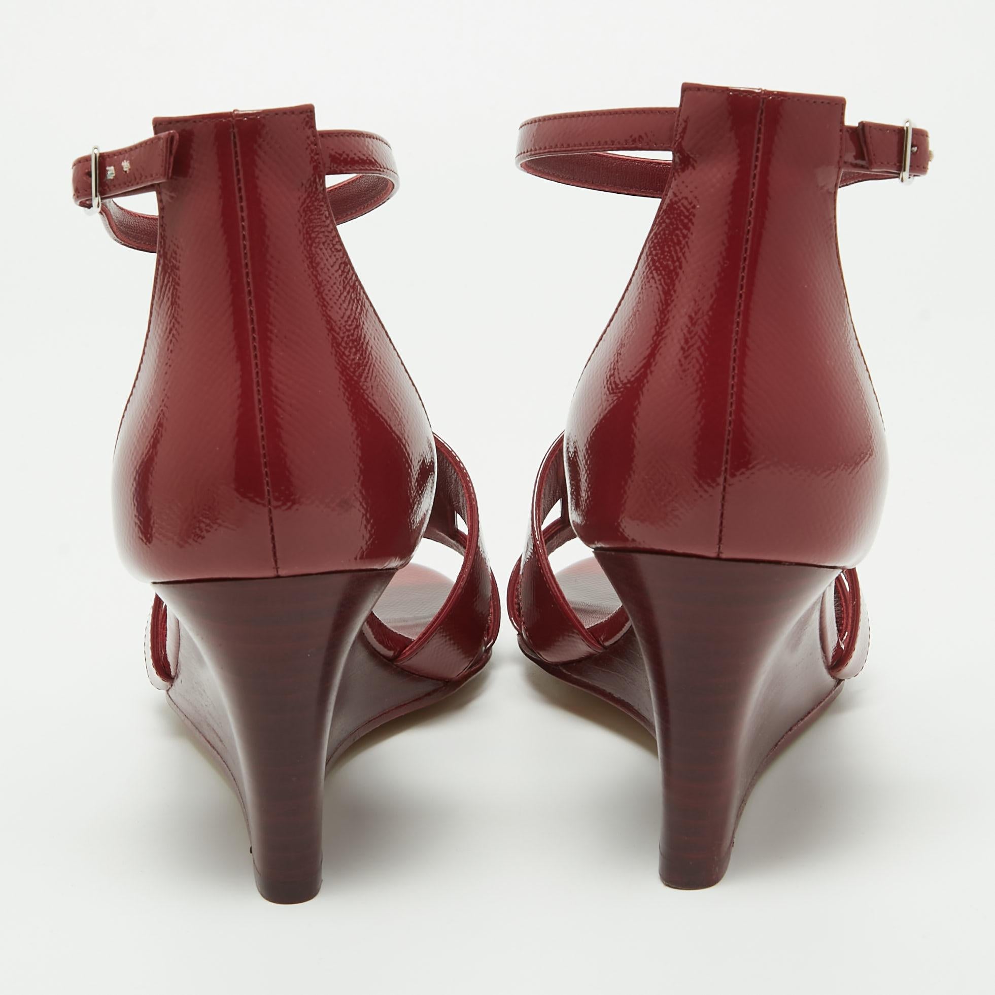 Hermes Burgundy Patent Leather Legend Wedge Sandals Size 40.5 1