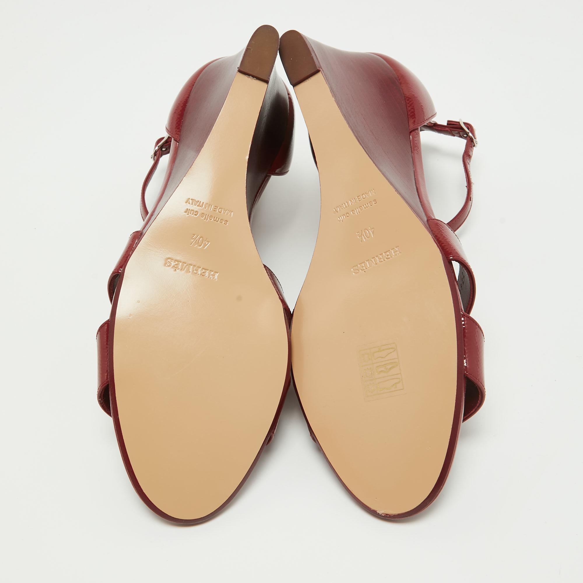 Hermes Burgundy Patent Leather Legend Wedge Sandals Size 40.5 2