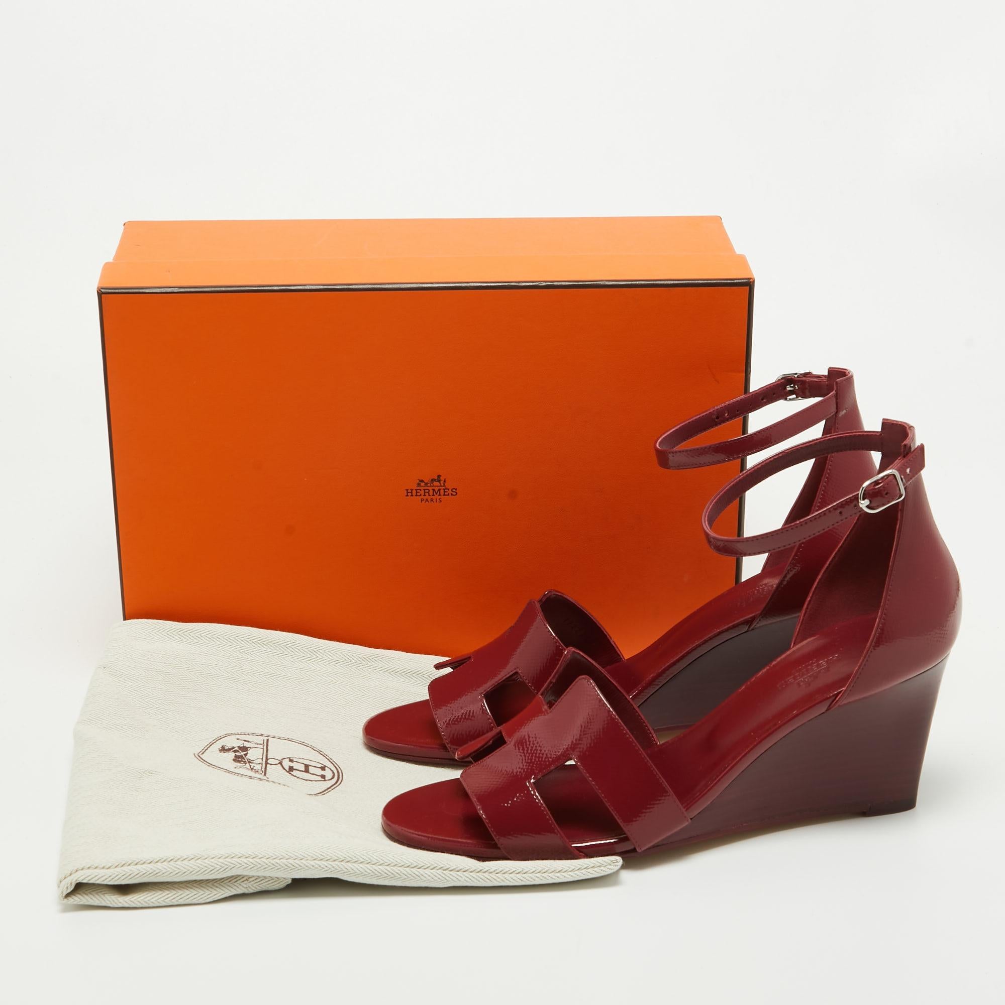 Hermes Burgundy Patent Leather Legend Wedge Sandals Size 40.5 4