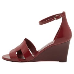 Hermes Burgundy Patent Leather Legend Wedge Sandals Size 40.5