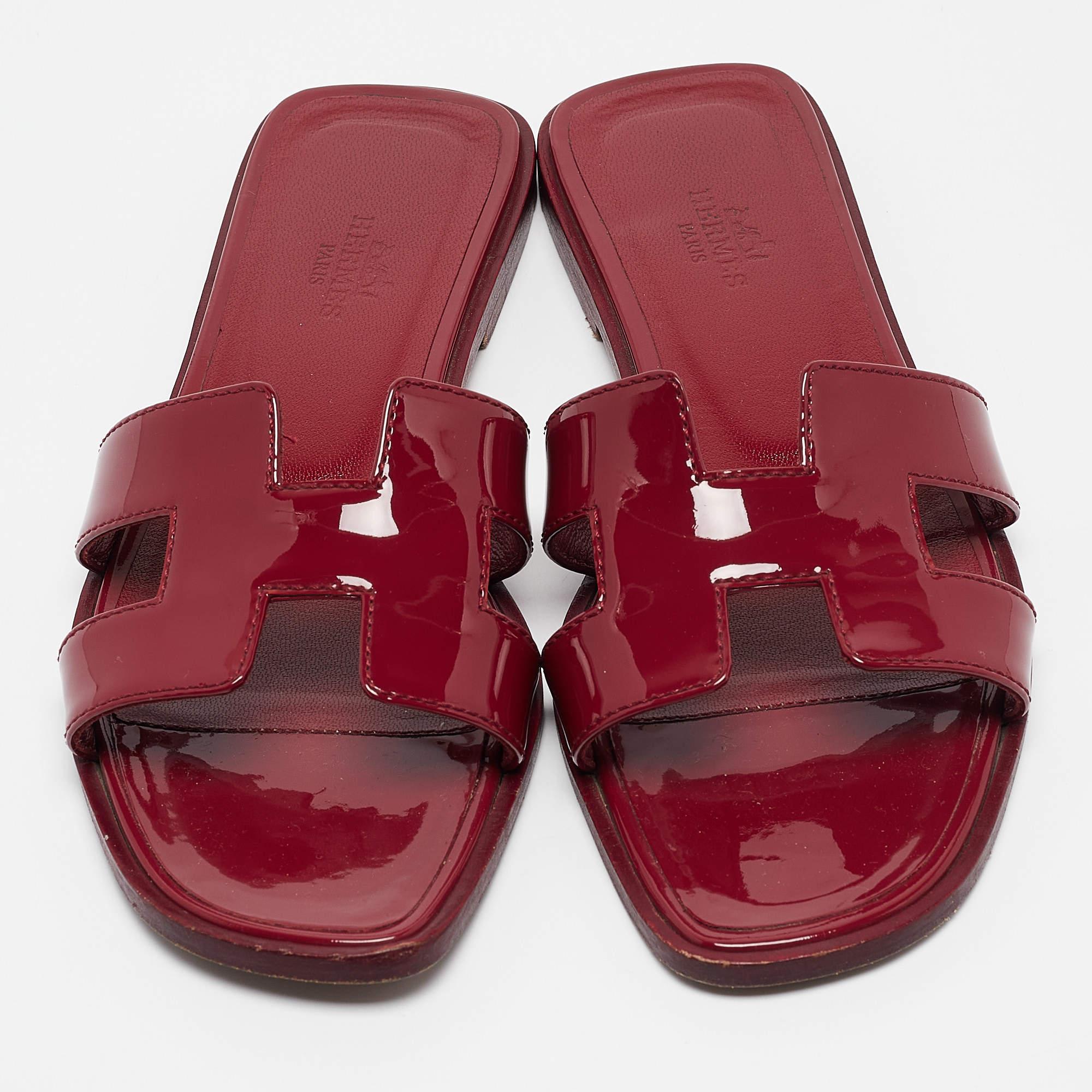 Brown Hermes Burgundy Patent Leather Oran Flat Slides Size 36