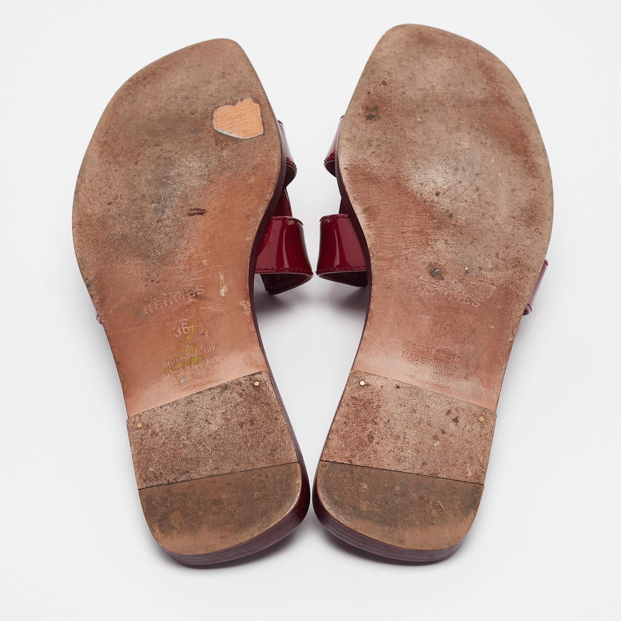 Hermes Burgundy Patent Leather Oran Flat Slides Size 36 1