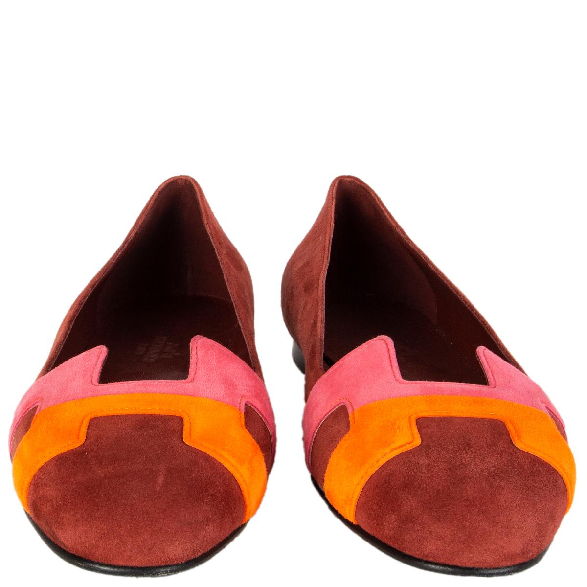100% authentic Hermès 'Nice' ballerinas in burgundy, pink and orange suede. Have been worn once and are in virtually new condition. 

Measurements
Imprinted Size	36
Shoe Size	36
Inside Sole	24cm (9.4in)
Width	7cm (2.7in)
Heel	1cm (0.4in)

All our
