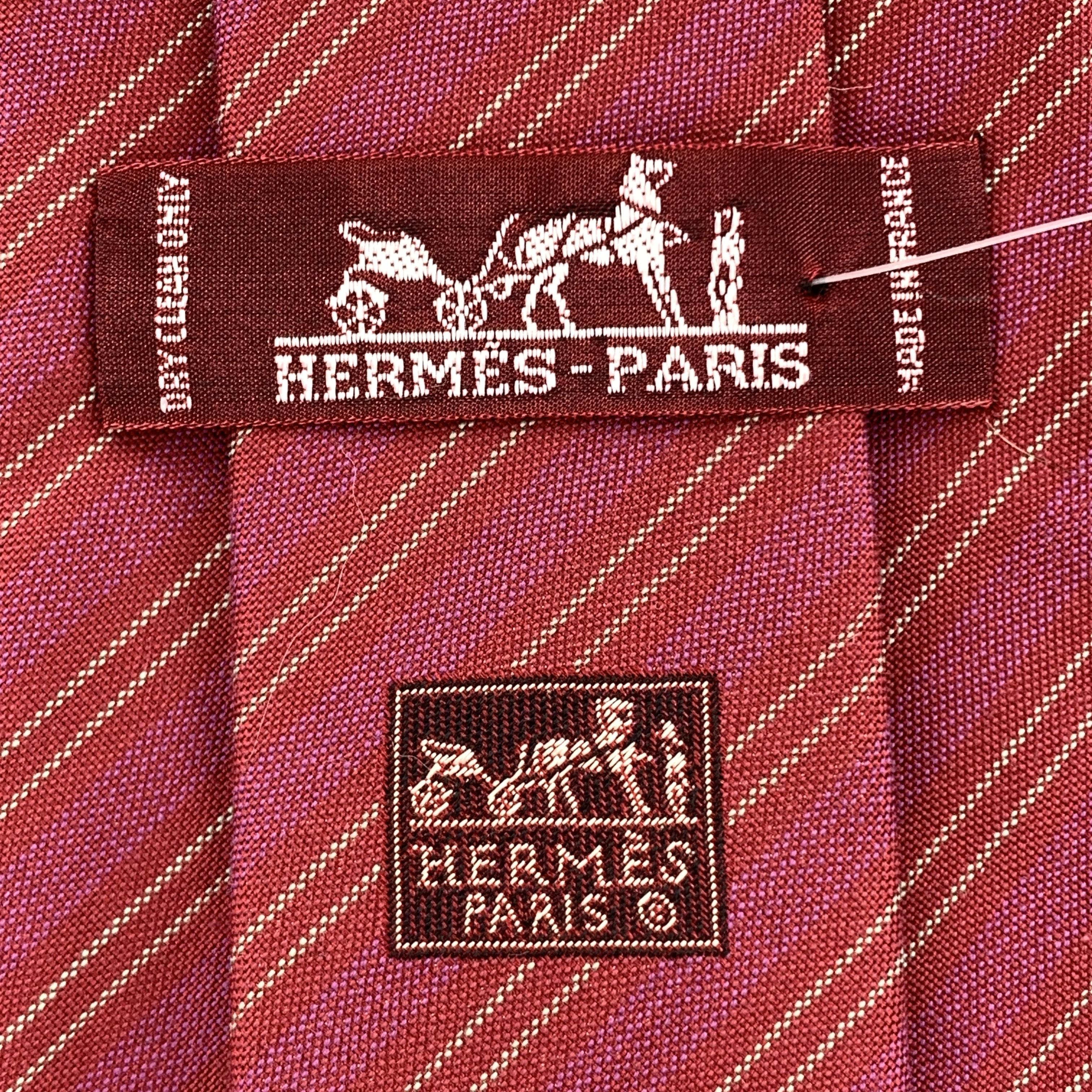 Men's HERMES Burgundy & Raspberry Red Diagonal Stripe Silk Tie