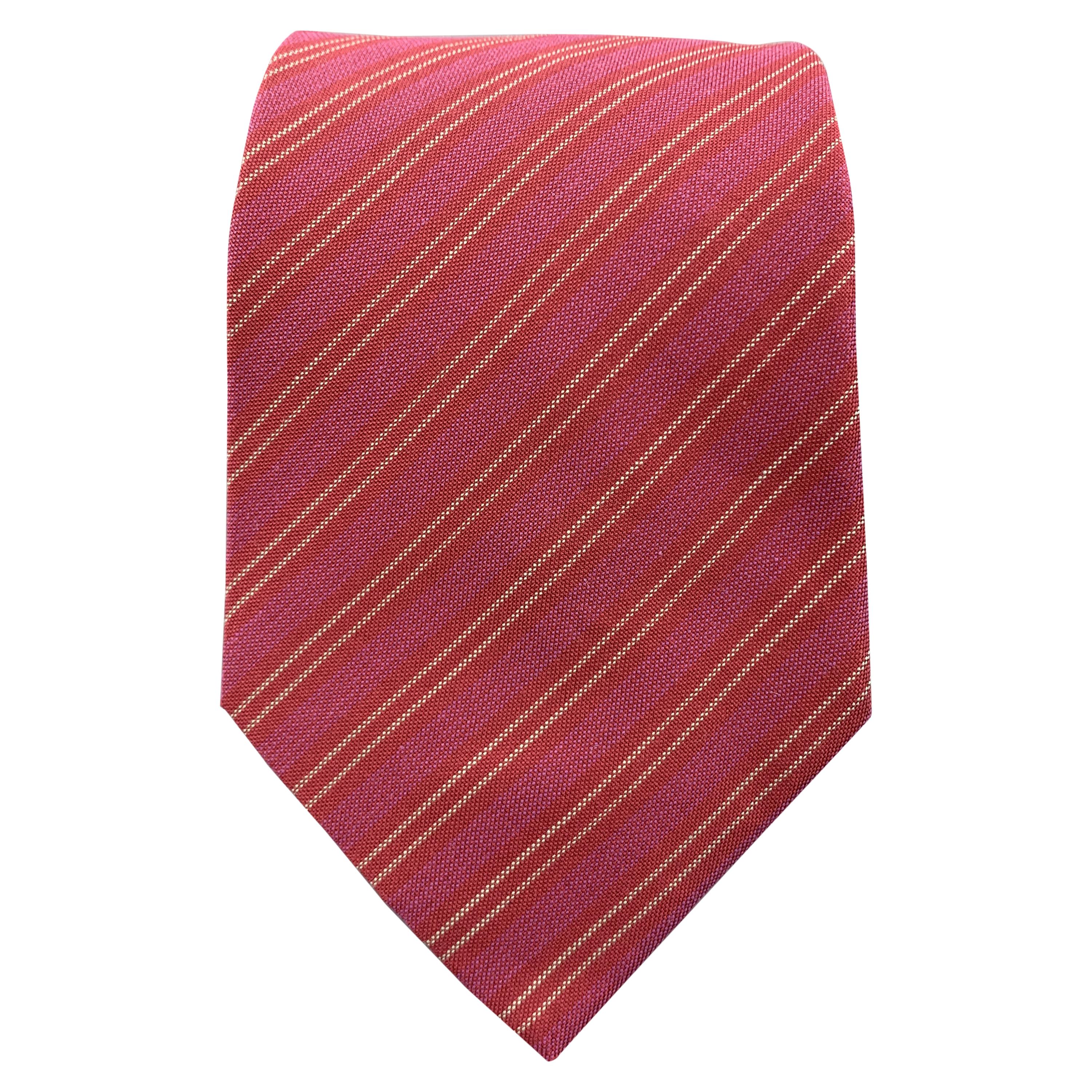 HERMES Burgundy & Raspberry Red Diagonal Stripe Silk Tie