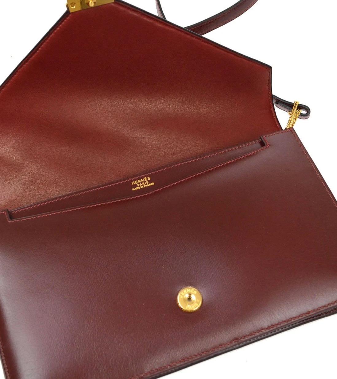 Hermes Burgundy Red Leather Gold 'H' Logo Envelope Clutch Shoulder Flap Bag For Sale 1