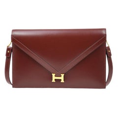 Hermes Burgundy Red Leather Gold 'H' Logo Envelope Clutch Shoulder Flap Bag