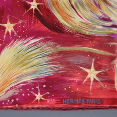 HERMES Burgundy Silk Celestial Feux Du Ciel Star Print Pocket Square