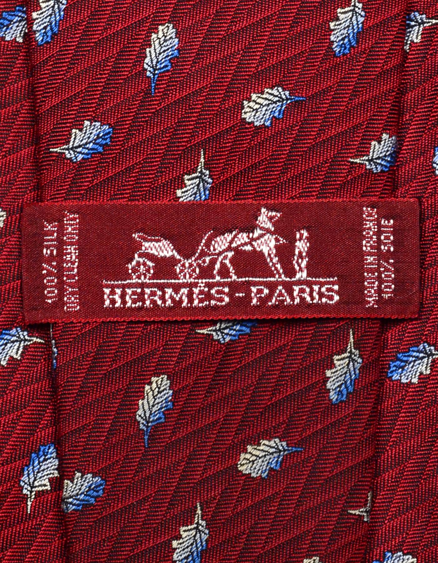 Red Hermes Burgundy Silk Tie w/ Leaves