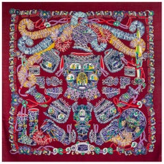HERMES burgundy SOUS L'EGIDE DE MARS 140 cashmere silk Shawl Scarf