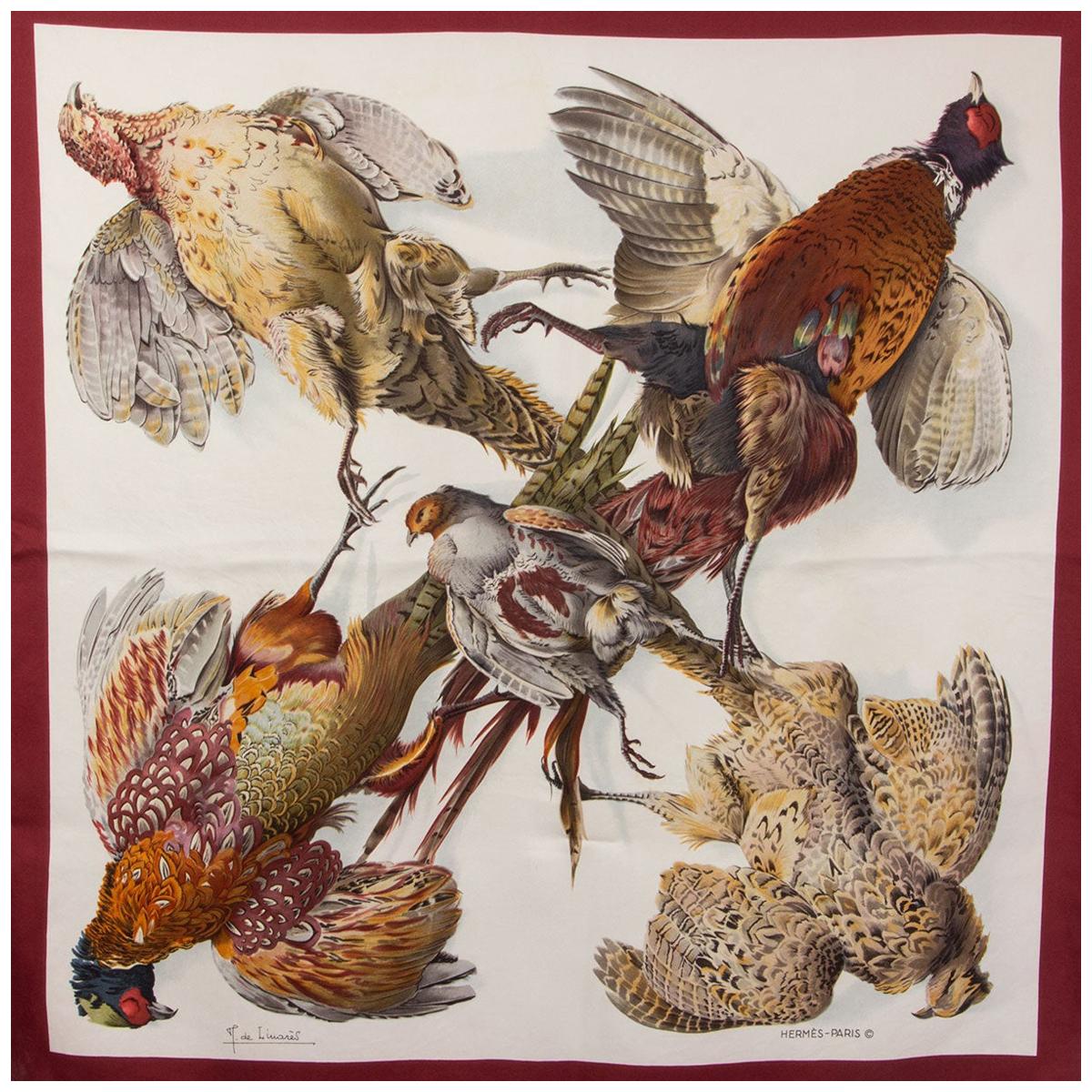 Hermes burgundy & white BELLE CHASSE 90 silk twill Scarf