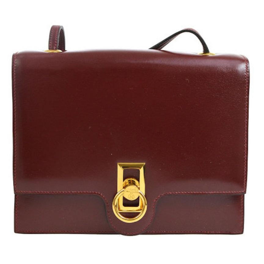 Hermes Burgundy Wine Leather Gold Hermes Toggle Evening Shoulder Flap Bag