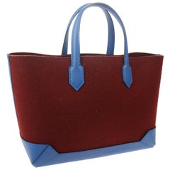 Hermes Burgundy Wool Blue Leather Carryall Top Handle Satchel Travel Tote Bag