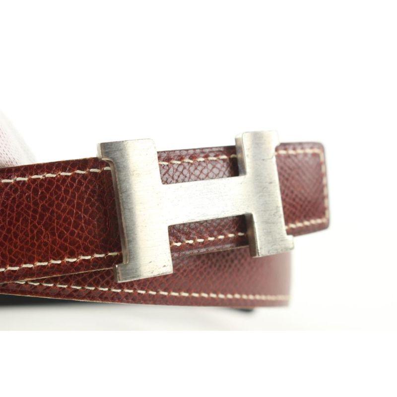 Hermès Burgundy x Black 24mm Reversible H Logo Belt Kit Matte Silver 408h528 Bon état - En vente à Dix hills, NY