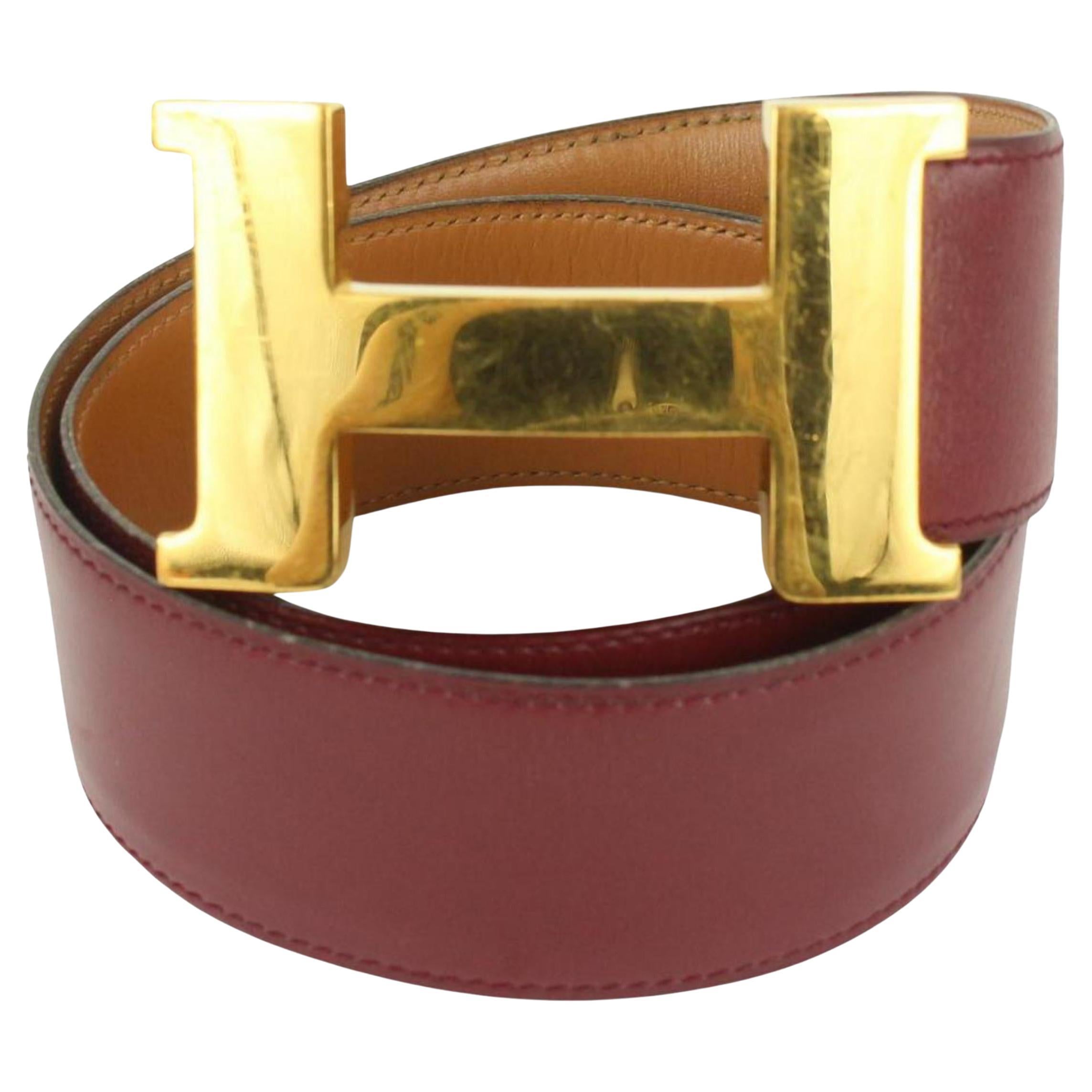 Hermès Burgundy x Gold 42mm H Logo Constance Belt 1014h13 For Sale