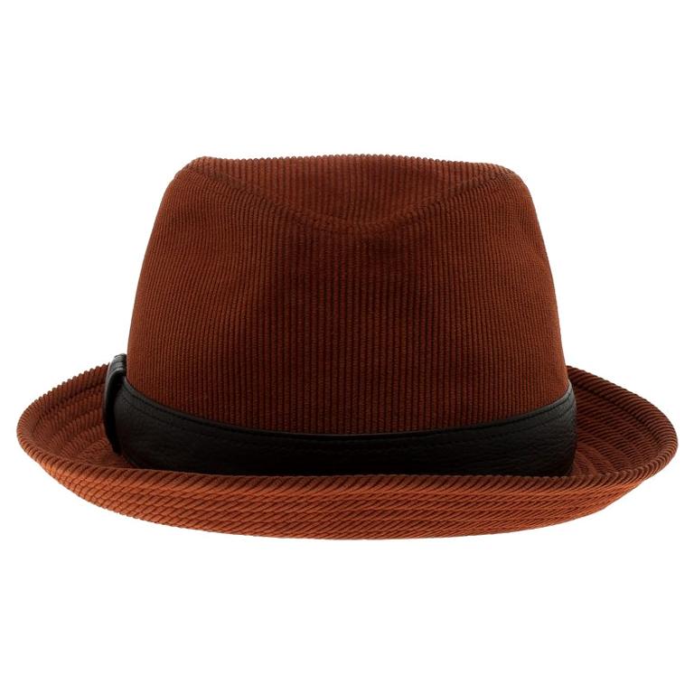 Hermes Burnt Orange Corduroy Leather Trim Detail Panama Hat Size 58