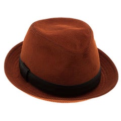 Hermes Burnt Orange Corduroy Leather Trim Detail Panama Hat Size 58