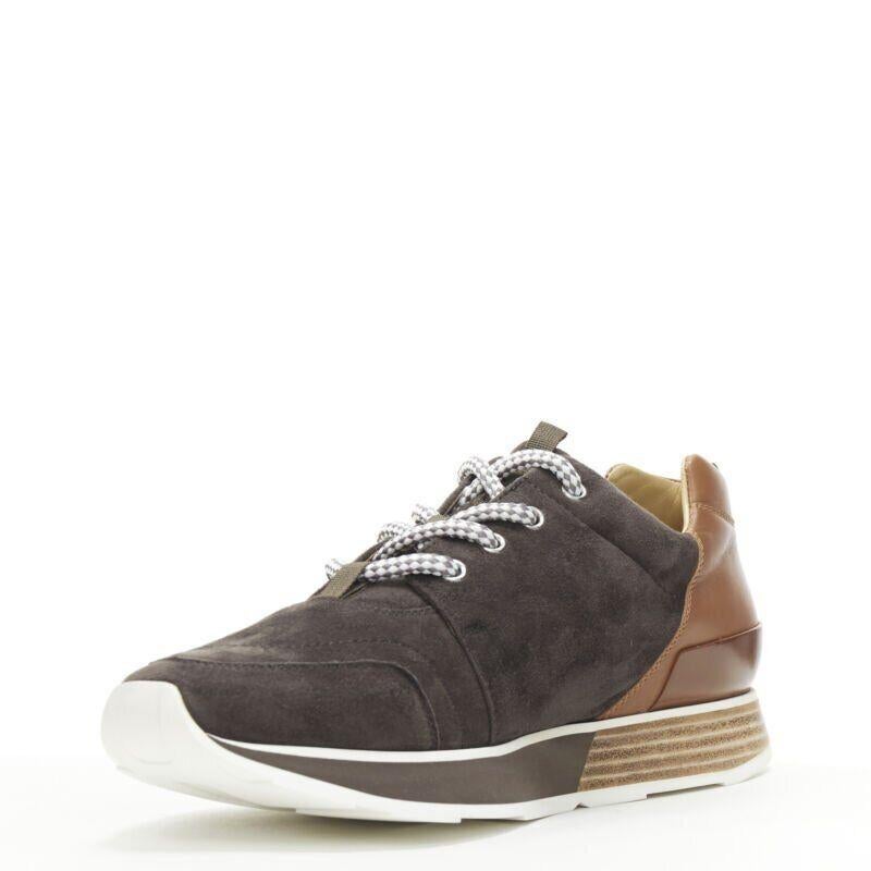 HERMES Buster grey brown suede lace up wooden rubber sole low sneaker EU39.5 In New Condition For Sale In Hong Kong, NT