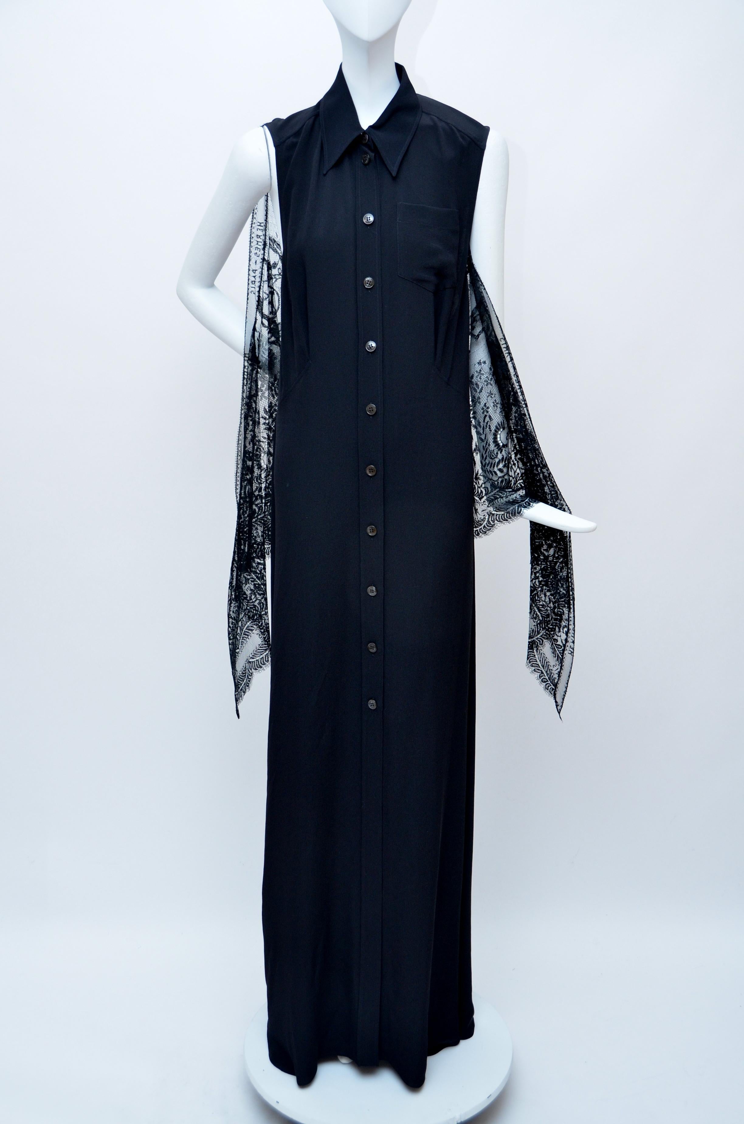 HERMES  By Jean Paul Gaultier Black Long  Silk Lace Dress    FR38    Mint In Excellent Condition In New York, NY