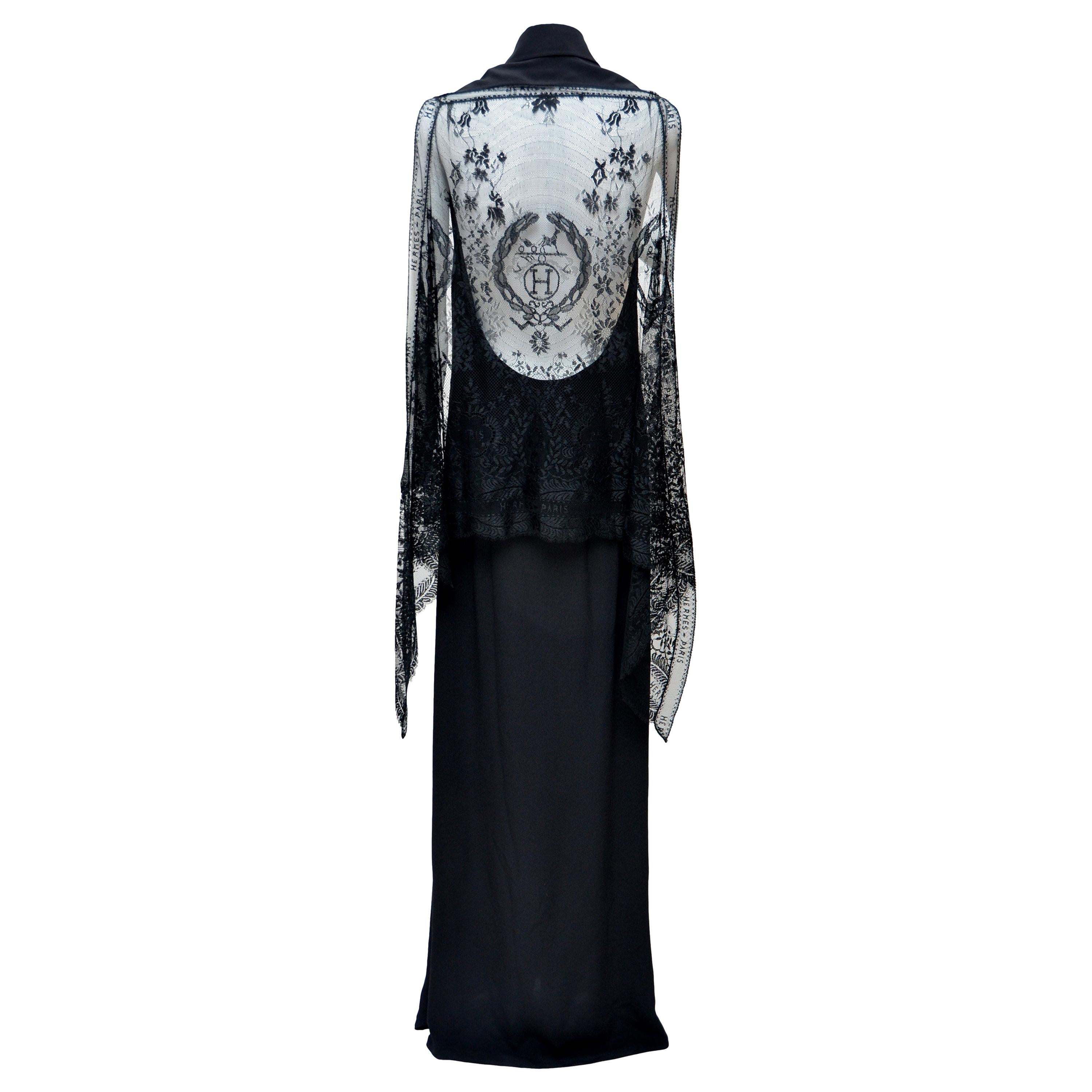HERMES  By Jean Paul Gaultier Black Long  Silk Lace Dress    FR38    Mint