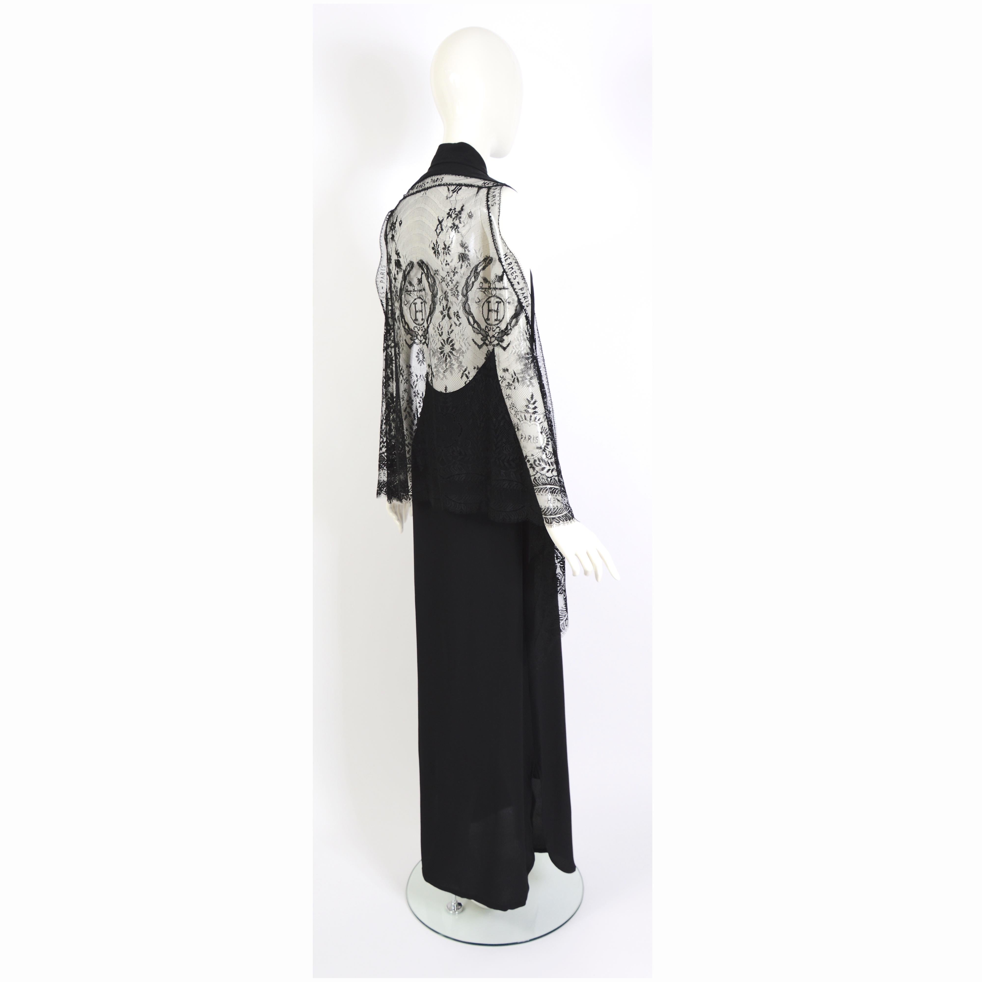 Hermes by Jean Paul Gaultier runway 2006 black guipure lace and silk long dress In Excellent Condition In Antwerp, BE