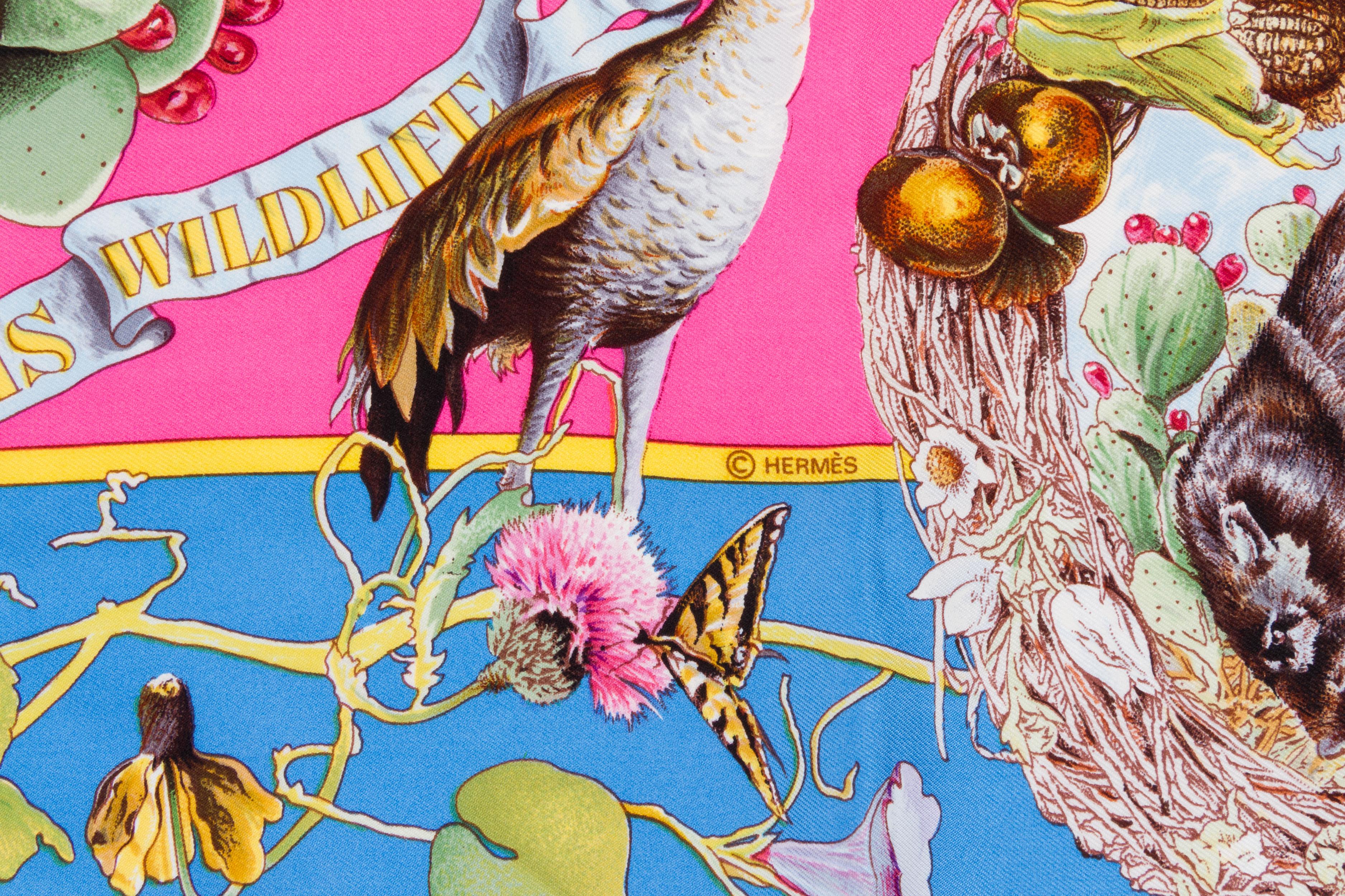 Foulard Hermès en twill de soie Texas Wildlife à collectionner, conçu par Kermit Oliver. Boîte d'origine incluse.
