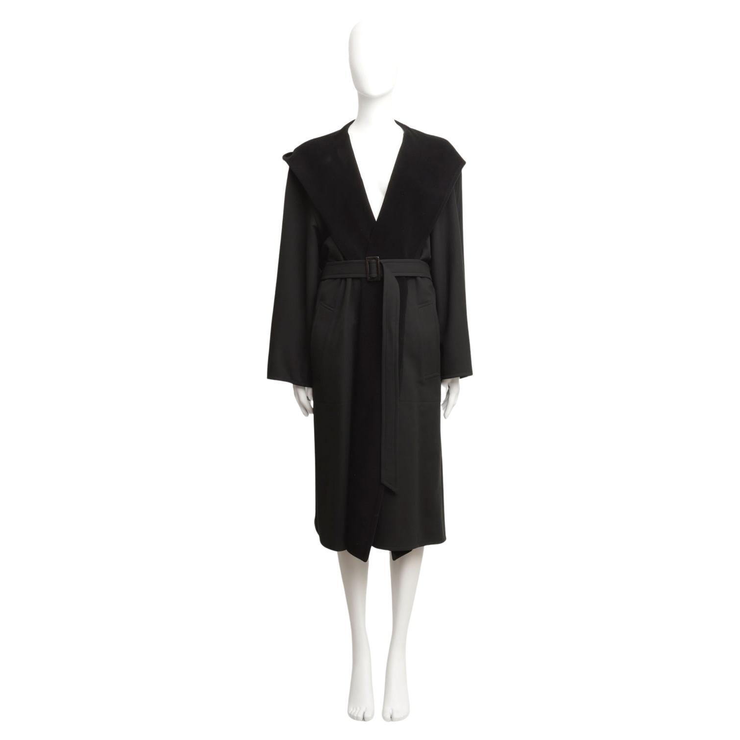 Hermes by Martin Margiela Belted Long Robe Coat w/ Hood in Black Cotton Cashmere