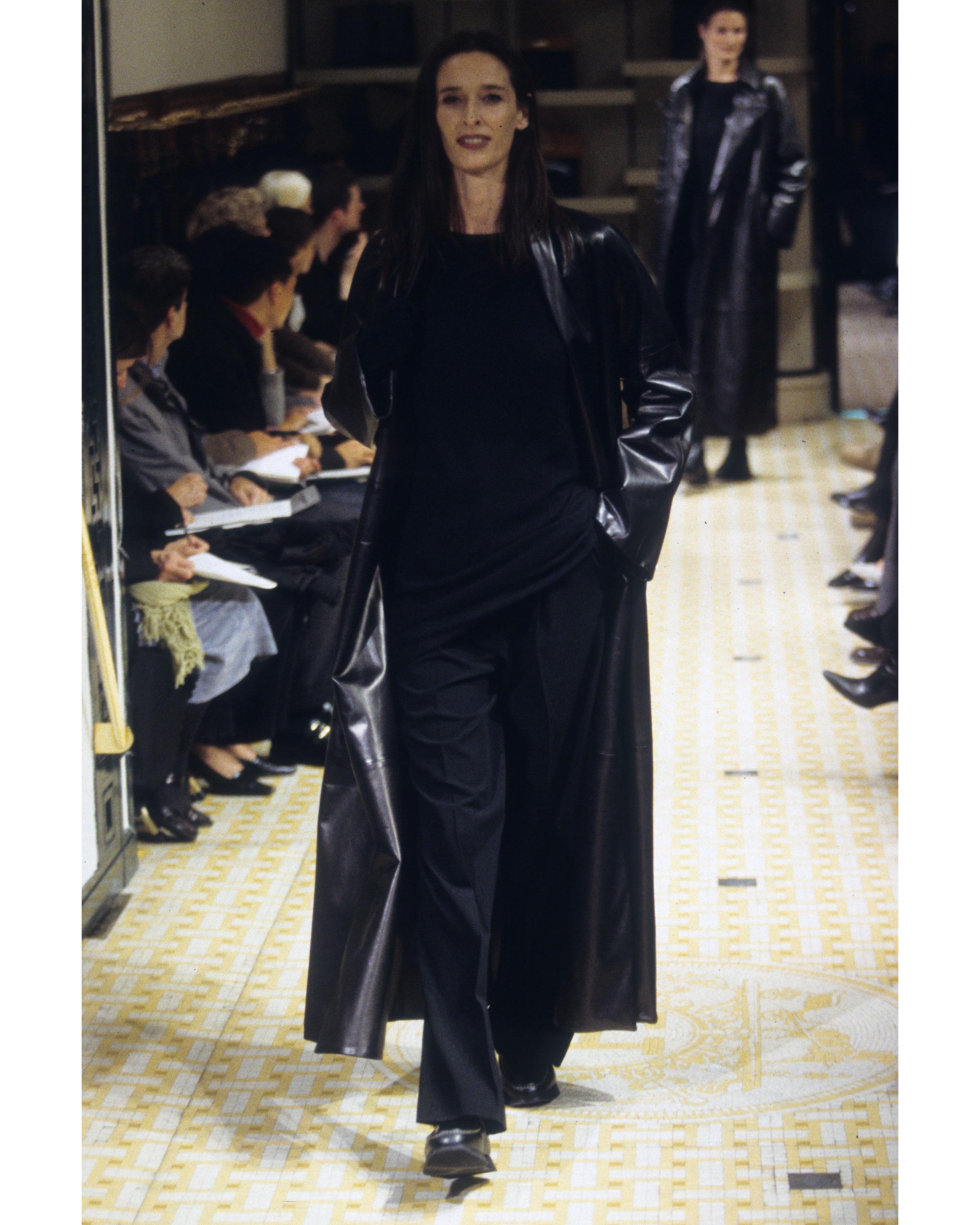 Black Hermes by Martin Margiela black lambskin leather full-length coat, fw 1999