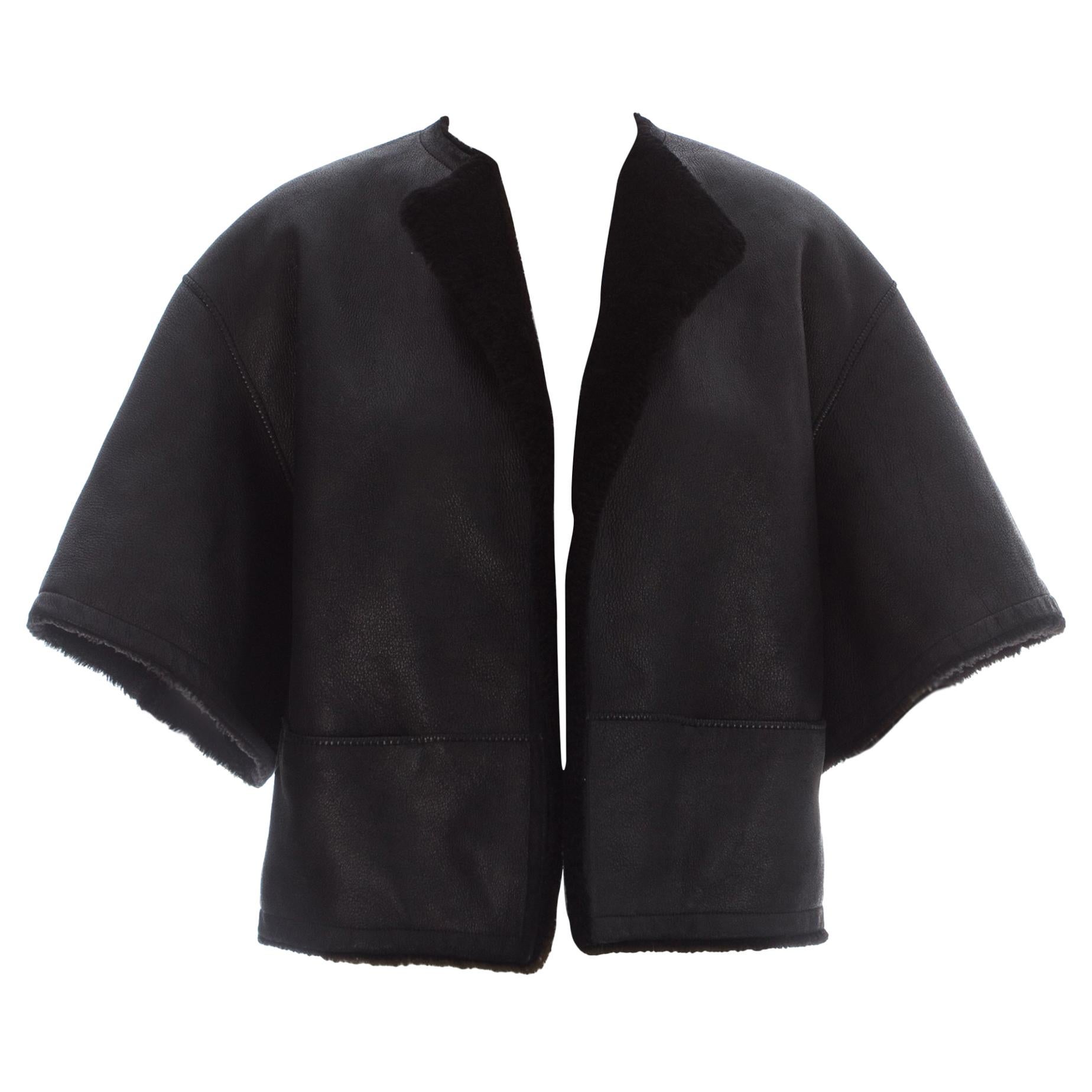 Hermes by Martin Margiela black shearling leather cropped jacket, ca. 2002 For Sale
