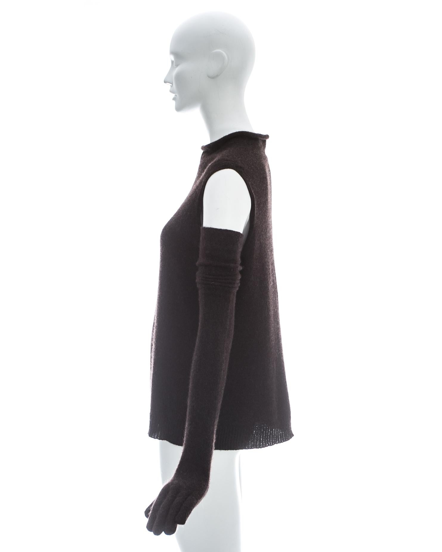 Black Hermes by Martin Margiela brown cashmere sweater vest and long gloves, ca. 2002 For Sale