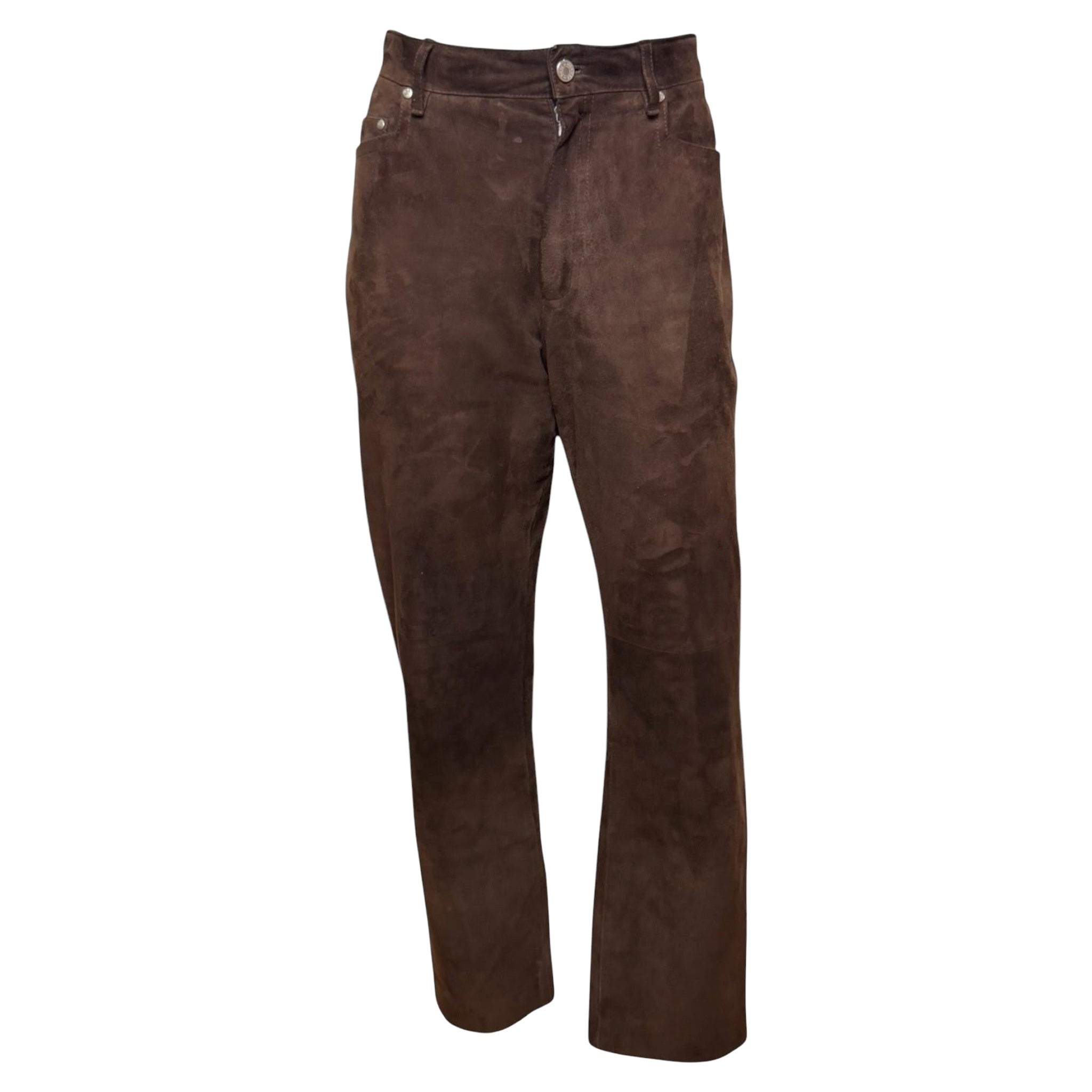 Hermès by Martin Margiela, primavera-estate 2001: pantaloni a gamba dritta in pelle scamosciata marrone