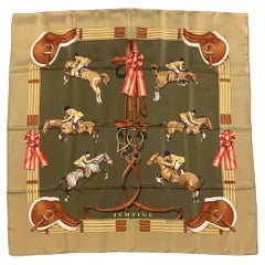 HERMES by Philippe Ledoux Olive Taupe Equestrian Silk Twill Scarf
