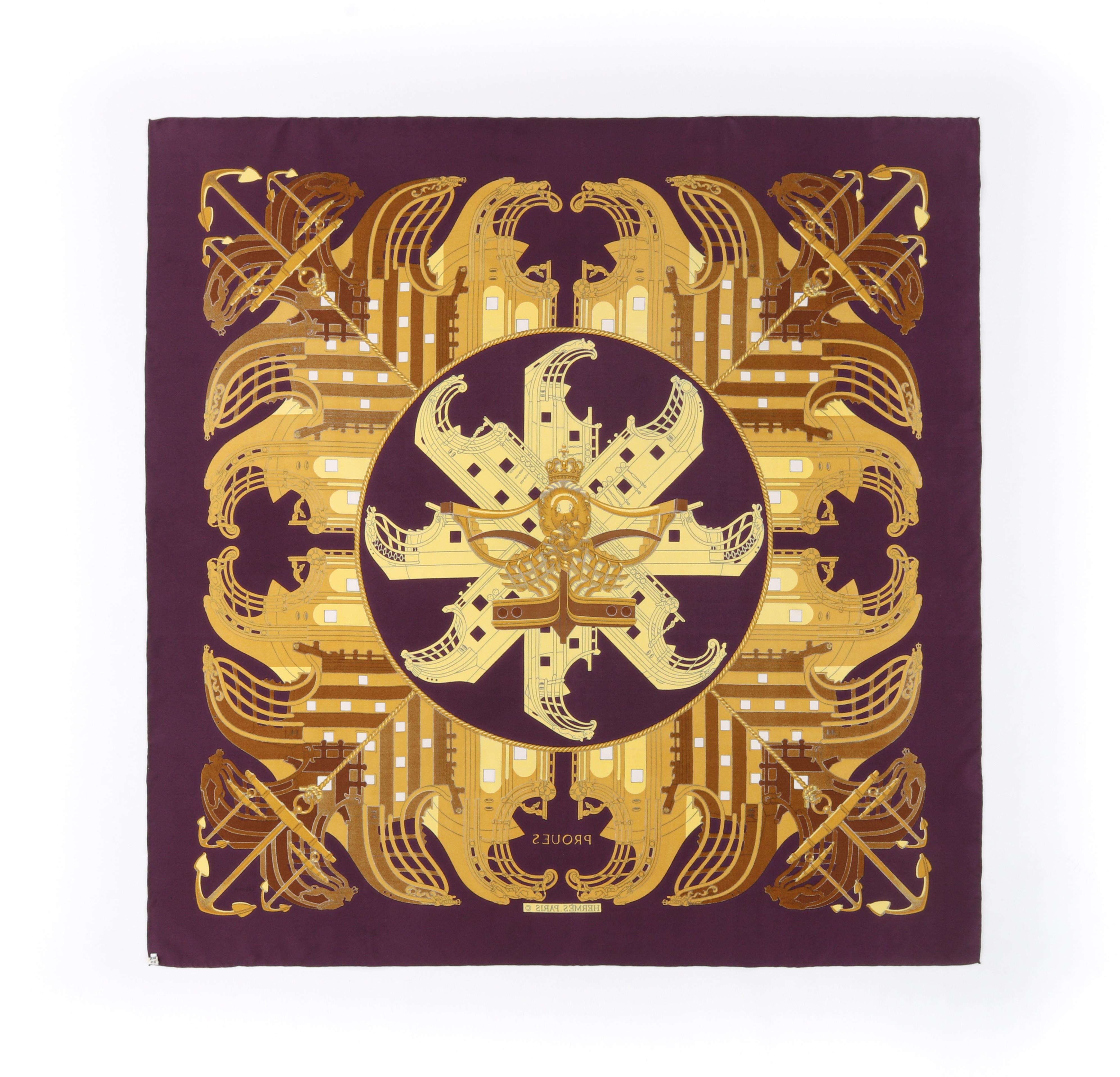 HERMES c. 1973 Philippe Ledoux “Proues” Purple Brown Gold Nautical Print Scarf In Good Condition In Thiensville, WI