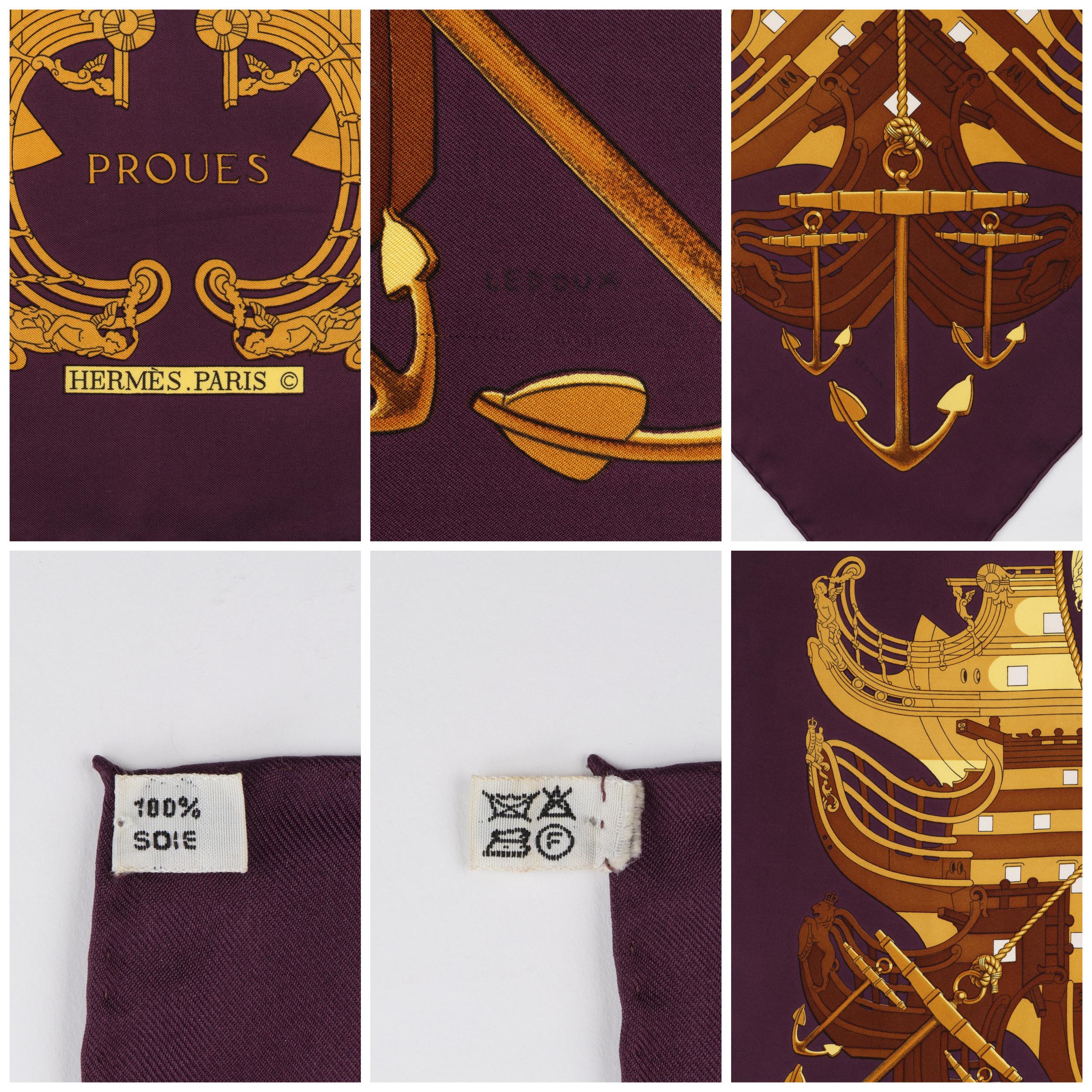 HERMES c. 1973 Philippe Ledoux “Proues” Purple Brown Gold Nautical Print Scarf 1