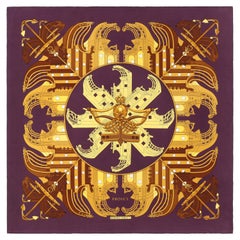 HERMES c. 1973 Philippe Ledoux “Proues” Purple Brown Gold Nautical Print Scarf