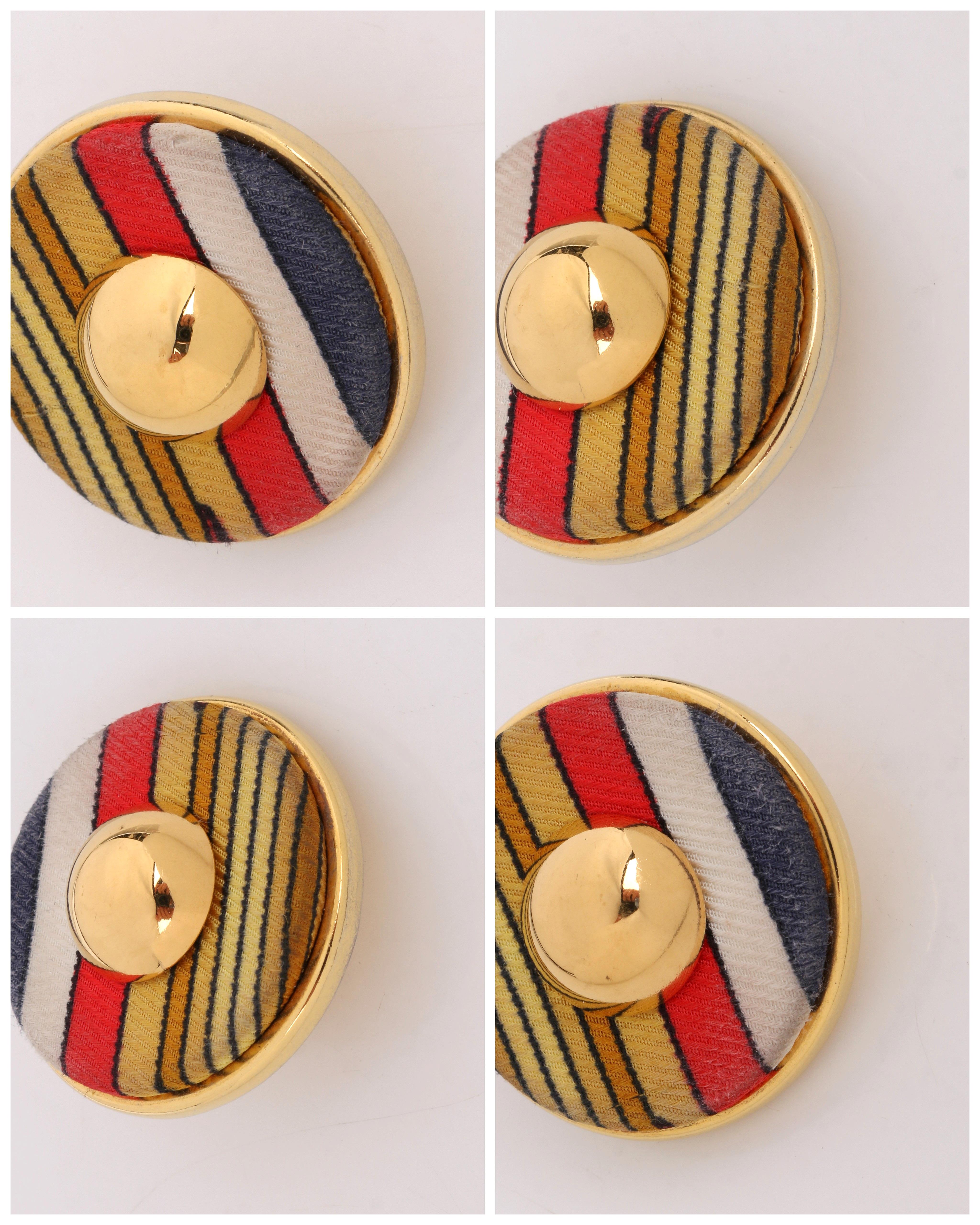 HERMES c. 1990’s Round Striped Silk Covered Gold Button Clip On Earrings w/ Box 7