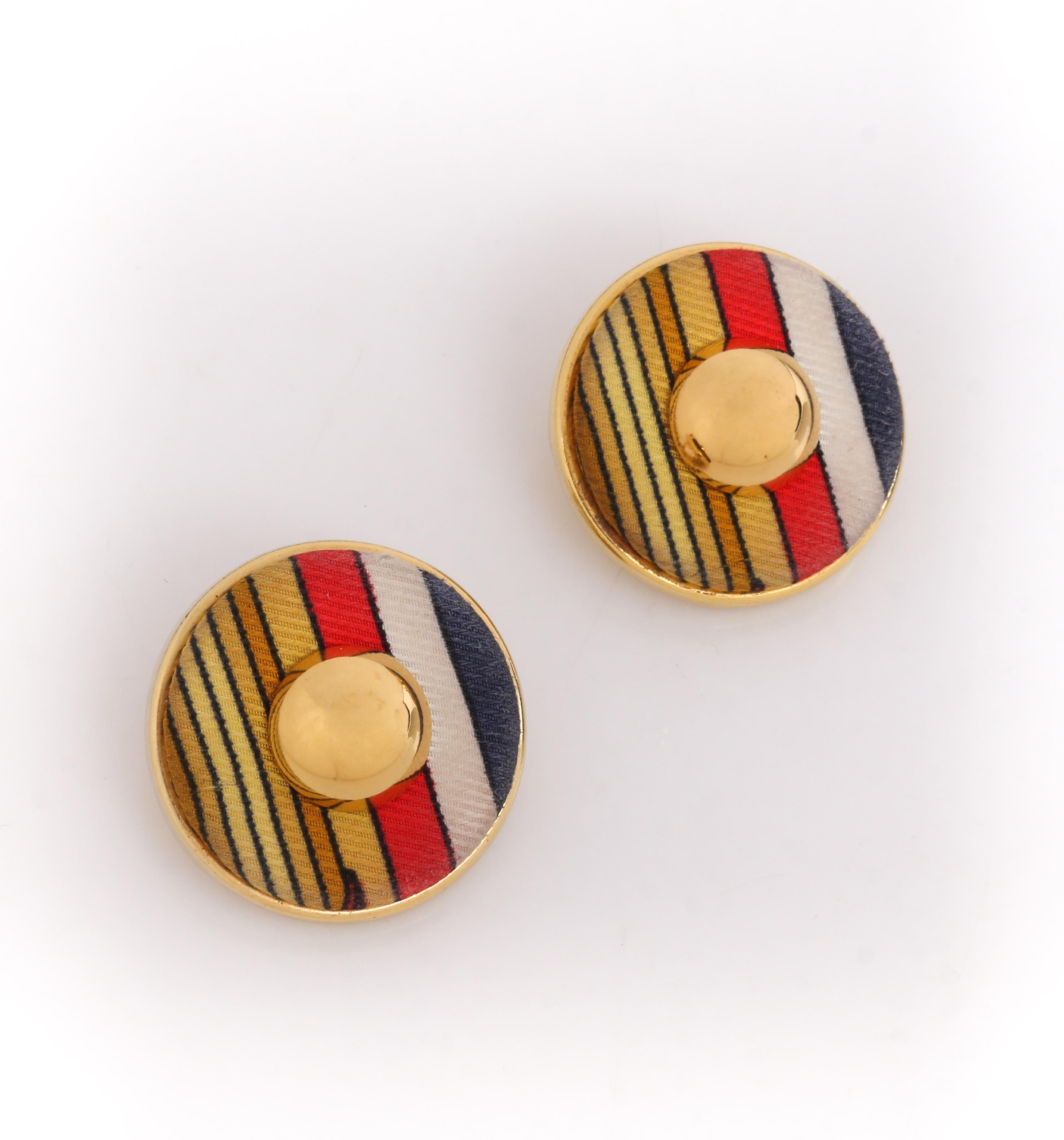 HERMES c. 1990’s Round Striped Silk Covered Gold Button Clip On Earrings w/ Box In Good Condition In Thiensville, WI