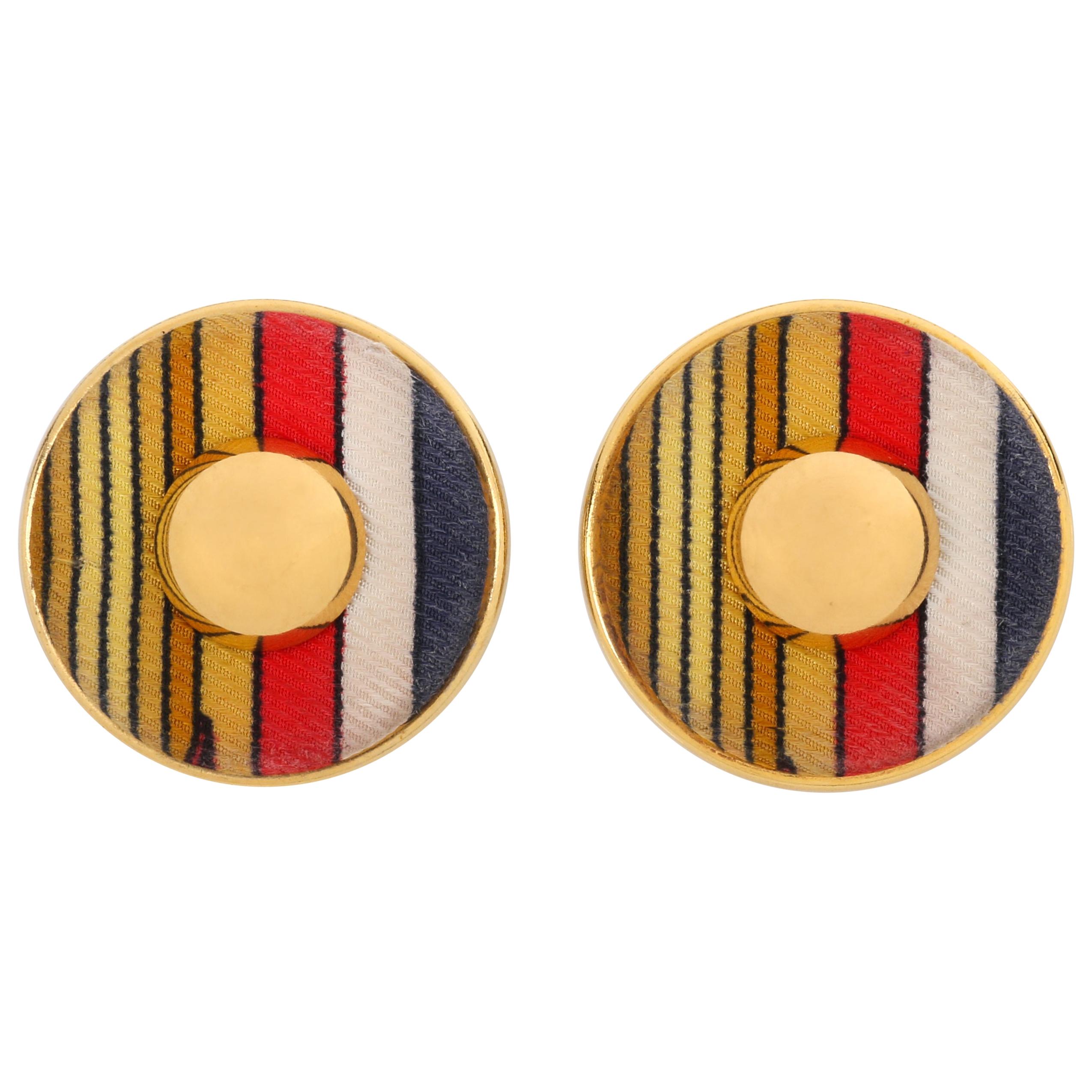HERMES c. 1990’s Round Striped Silk Covered Gold Button Clip On Earrings w/ Box