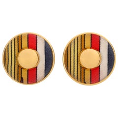 Vintage HERMES c. 1990’s Round Striped Silk Covered Gold Button Clip On Earrings w/ Box