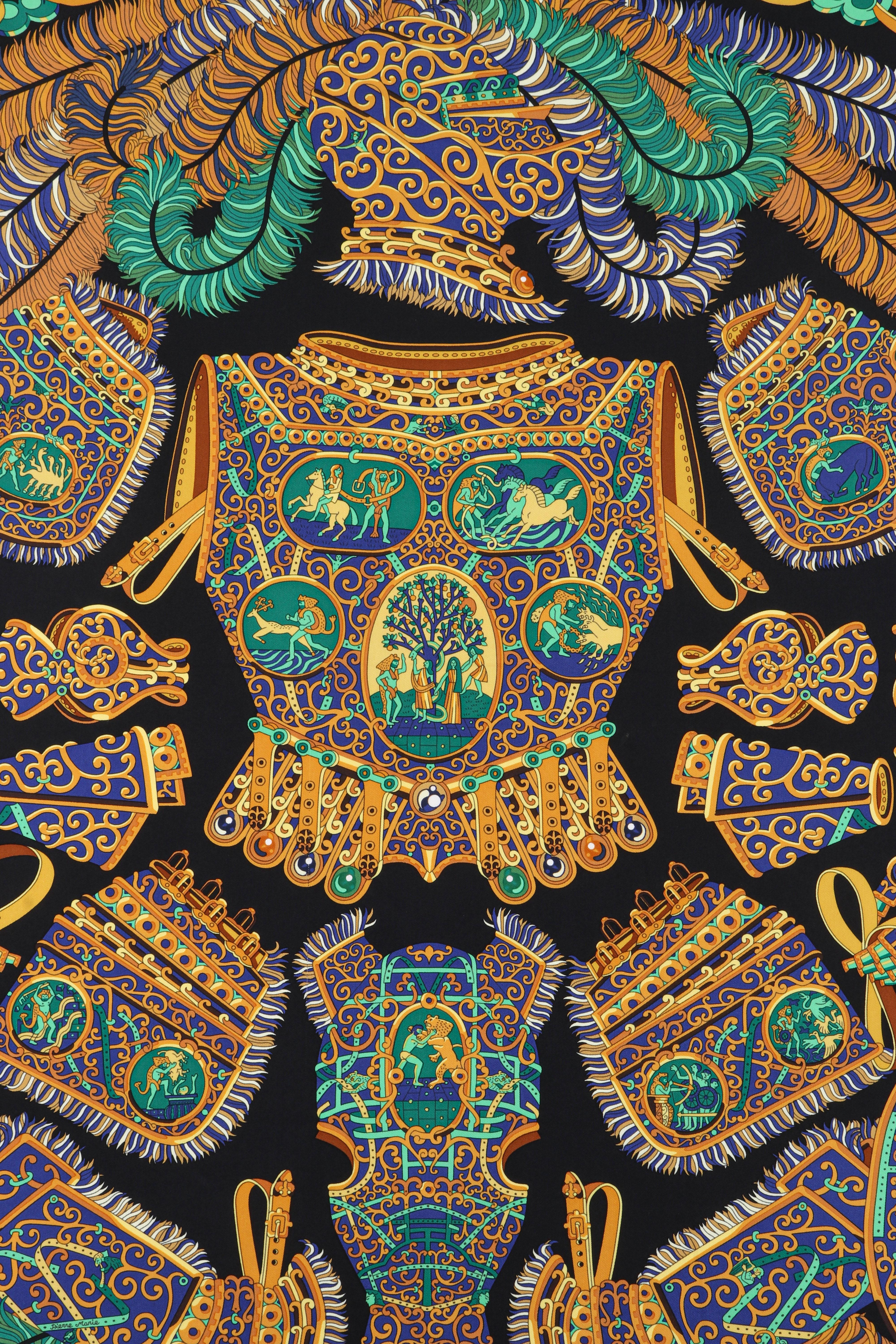HERMES c. 2013 Pierre Marie “Sous l'Egide De Mars” Silk Multicolor Print Scarf
 
Brand/Manufacturer: Hermes 
Circa: 2013
Designer: Pierre Marie
Style: Square scarf
Color(s): Shades of black, blue, purple, yellow, green, turquoise, brown, and