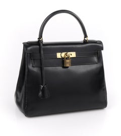 HERMES c.1970 "Kelly Retourne" 28 cm Black Box Calf Leather Top Handle Purse