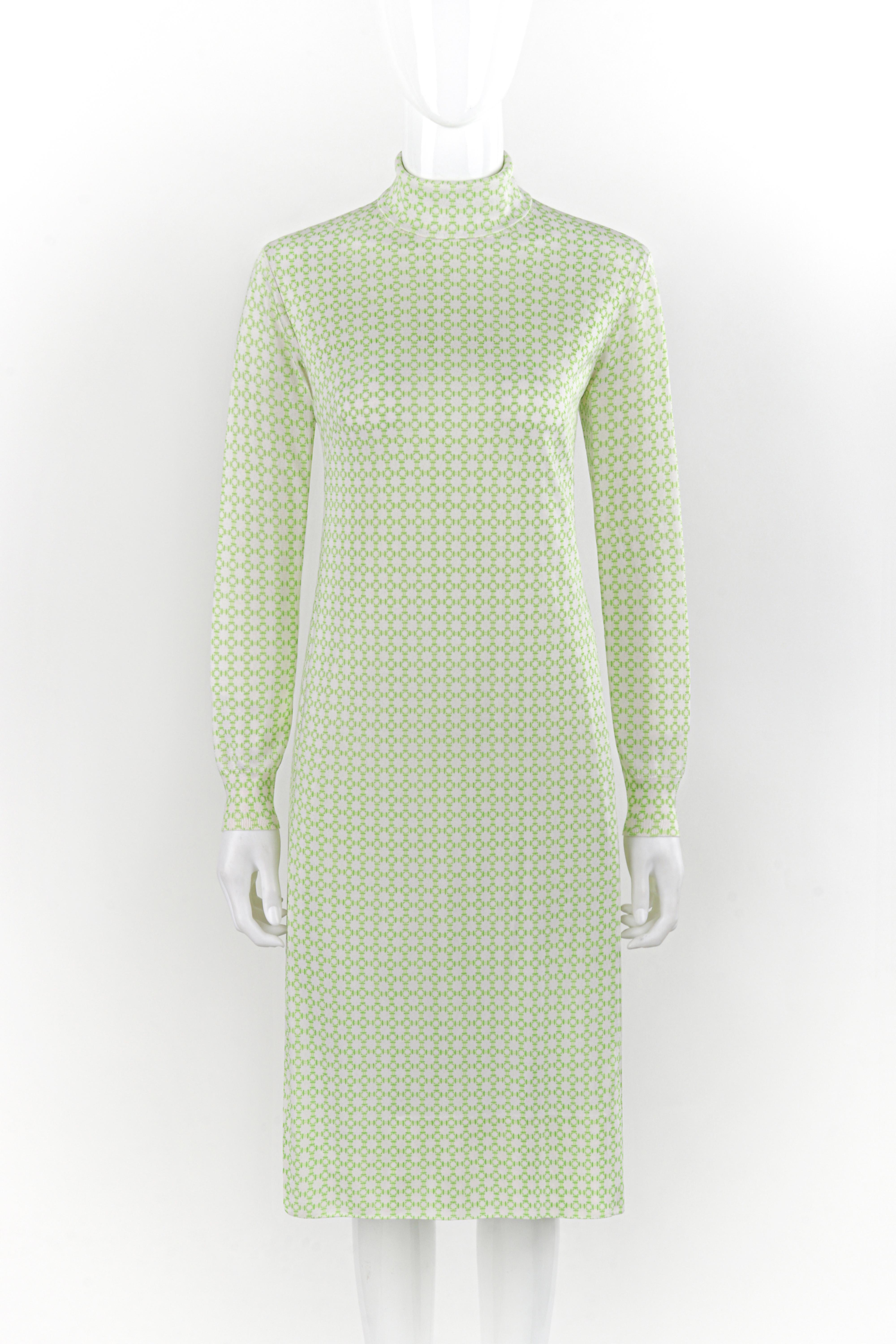 Brand / Manufacturer: Hermes
Circa: 1970s
Style: Midi Dress
Color(s): Shades of green, white
Lined: No
Unmarked Fabric Content (feel of): Jersey knit (primary fabric)
Additional Details / Inclusions: Hermes circa 1970s long sleeve midi dress. Soft