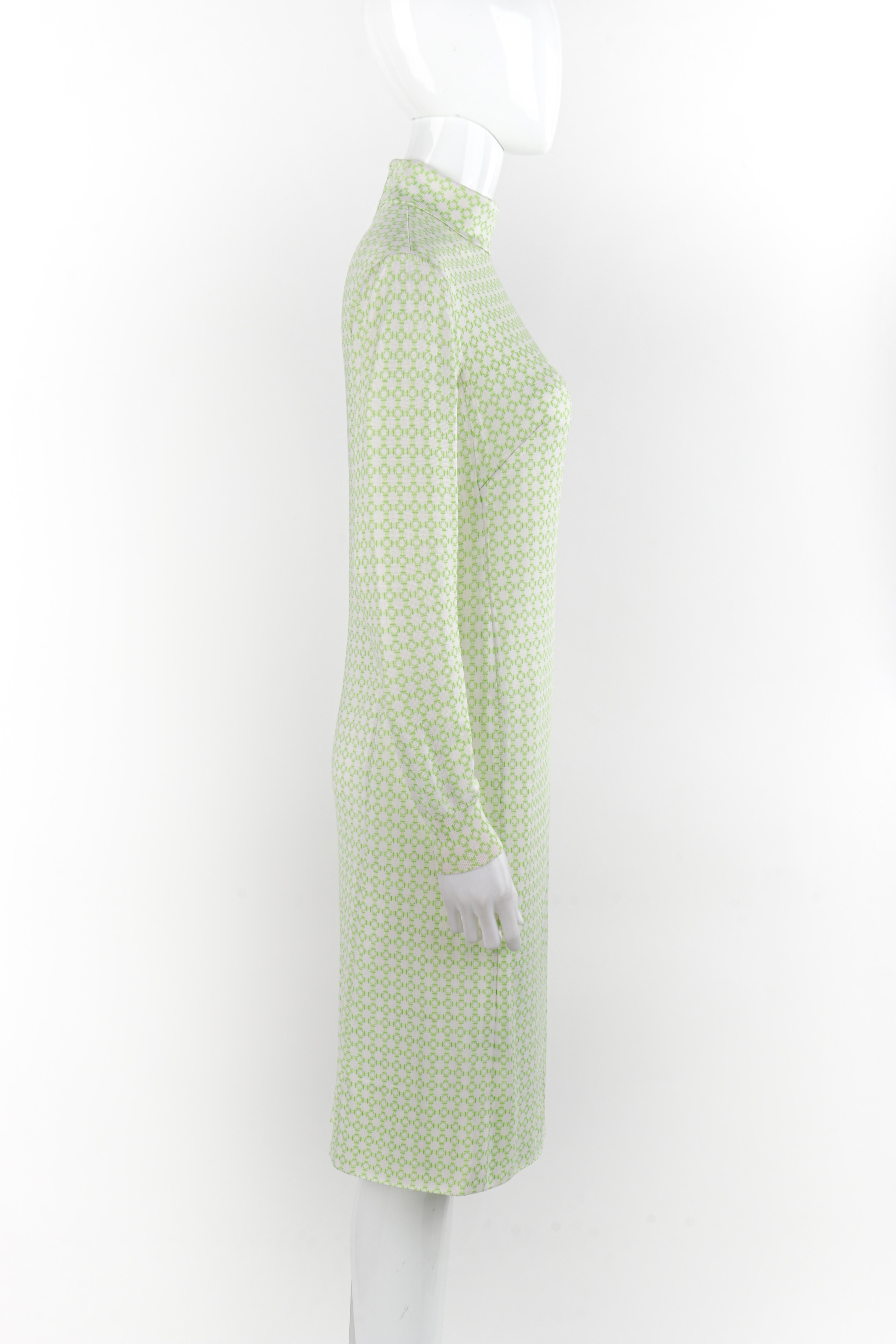 HERMES c.1970s Green White Printed Knit Long Sleeve Turtleneck Midi Dress In Good Condition For Sale In Thiensville, WI