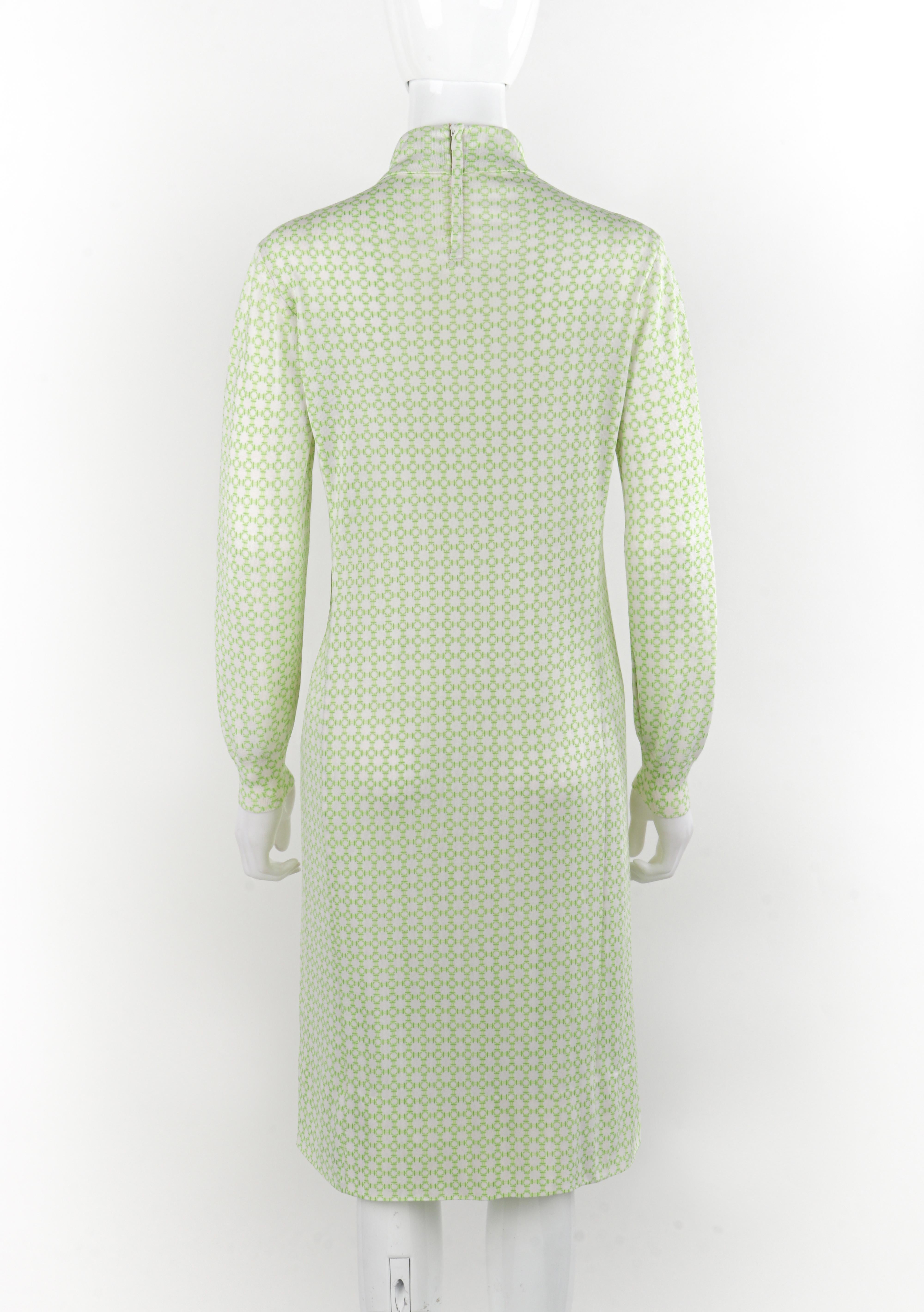 Women's HERMES c.1970s Green White Printed Knit Long Sleeve Turtleneck Midi Dress For Sale