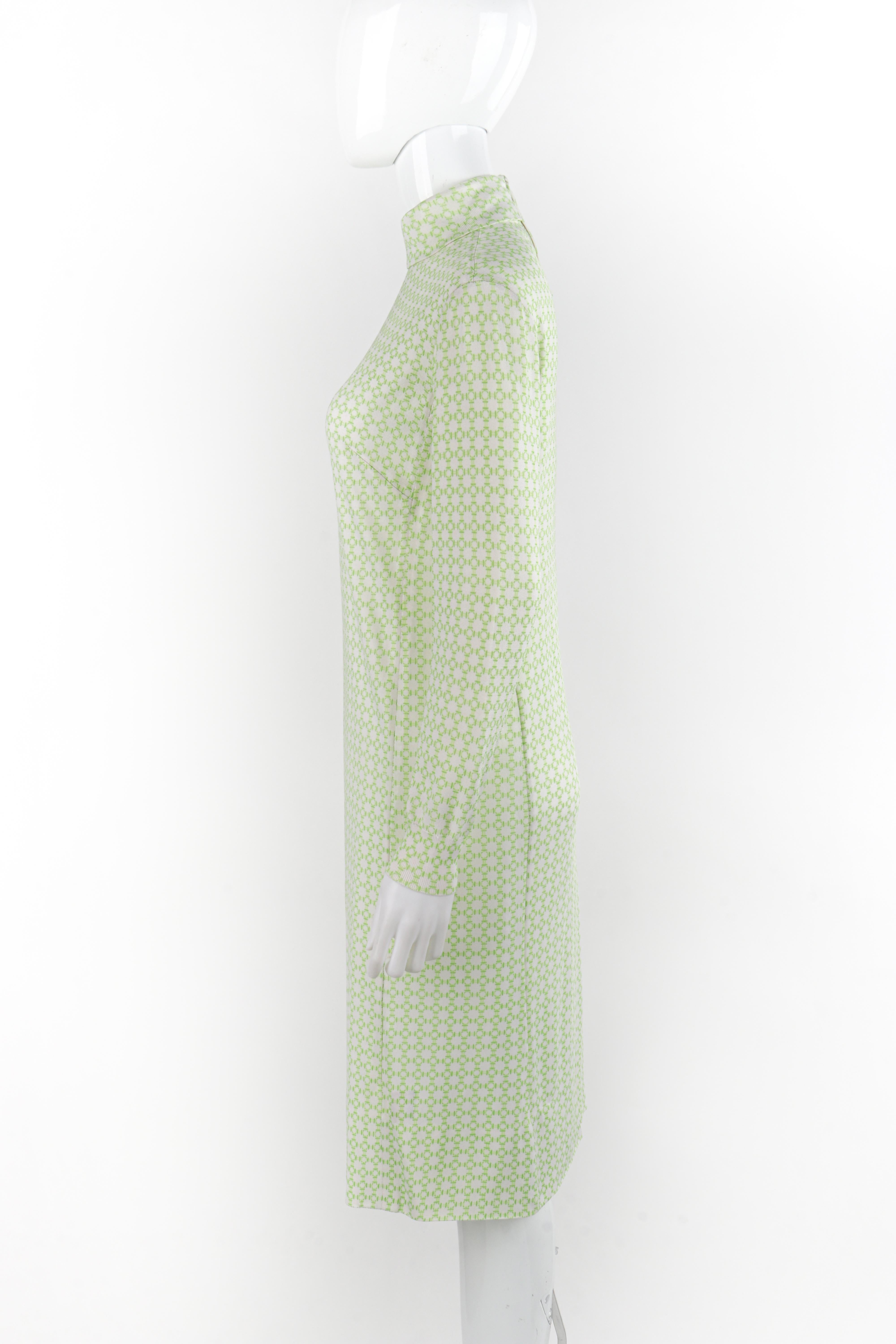 HERMES c.1970s Green White Printed Knit Long Sleeve Turtleneck Midi Dress For Sale 1