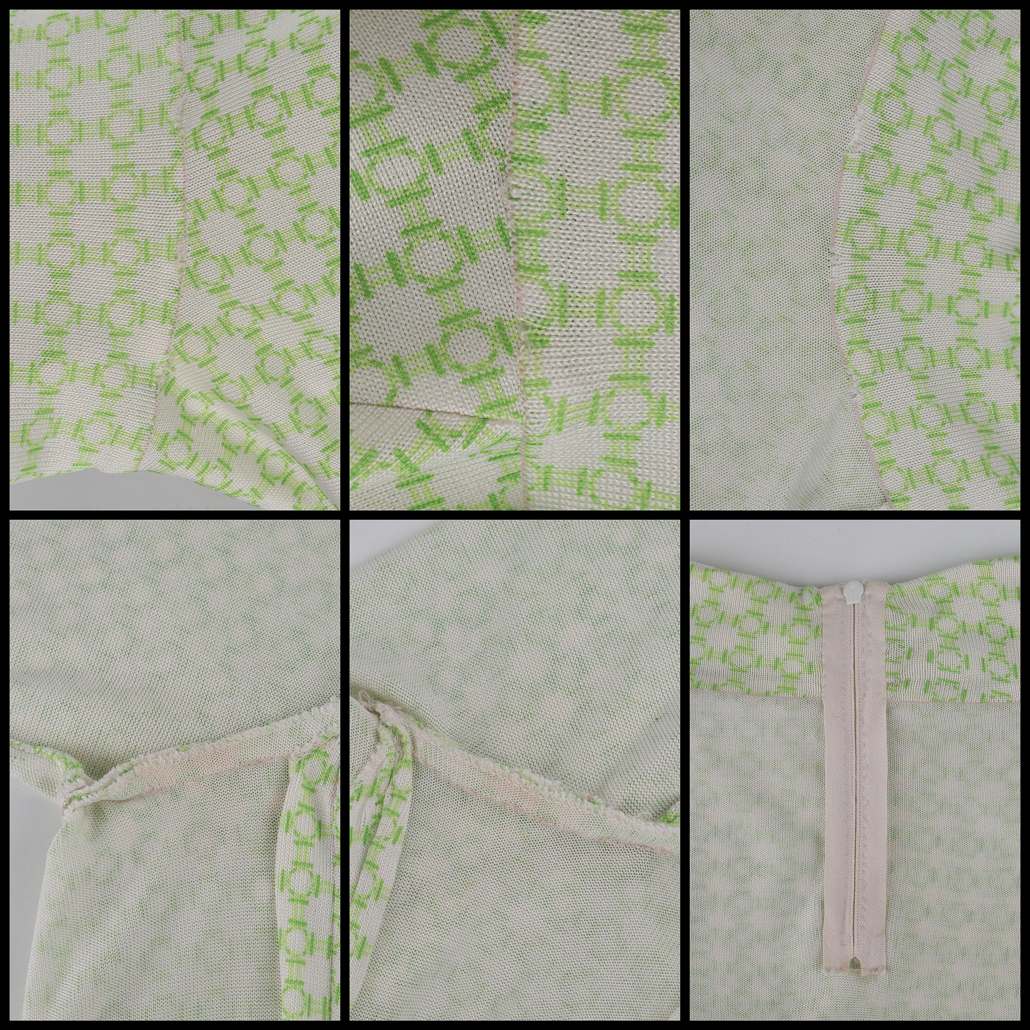 HERMES c.1970s Green White Printed Knit Long Sleeve Turtleneck Midi Dress For Sale 4