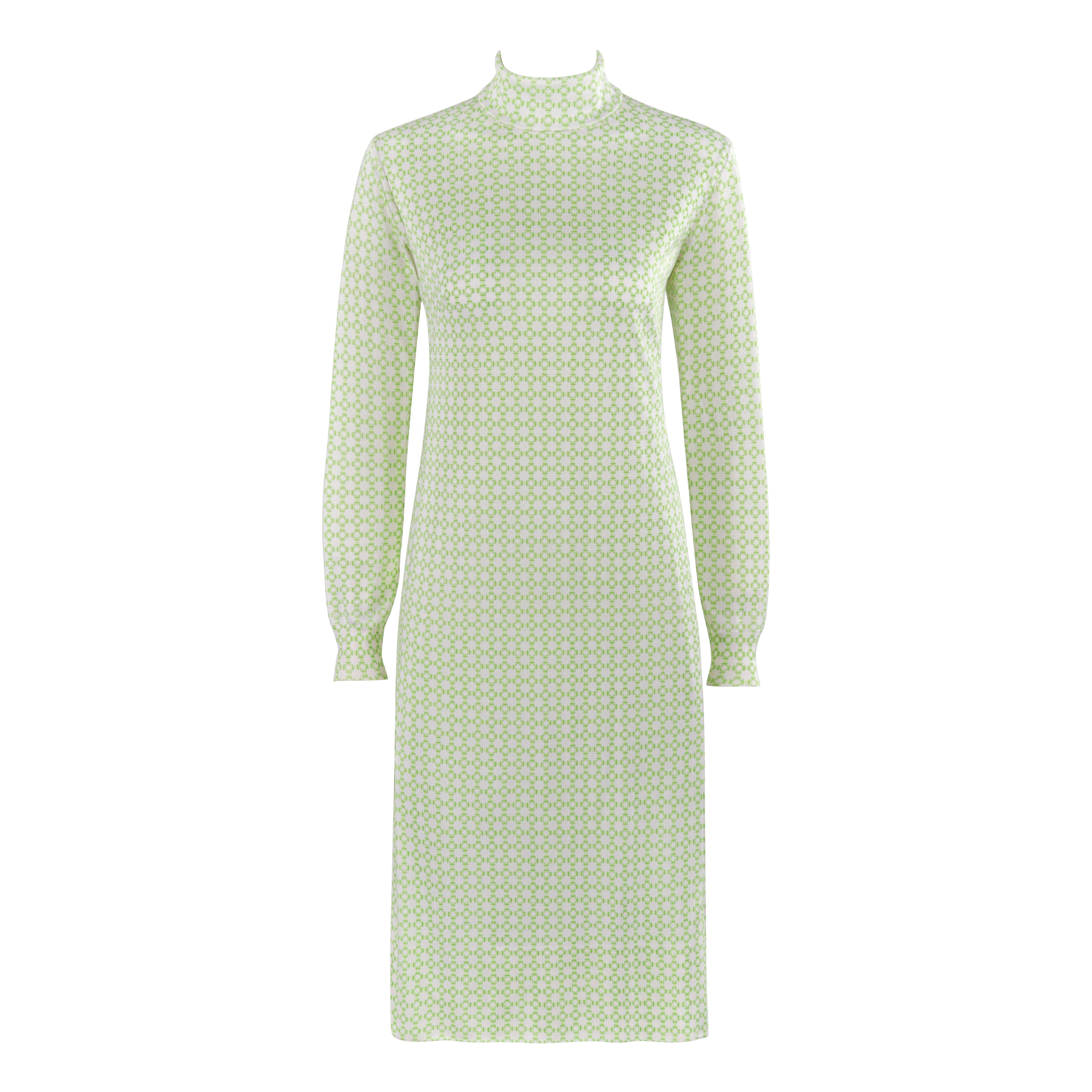 HERMES c.1970 Greene & Greene Long, abito a collo alto in maglia stampata, anni '70 in vendita