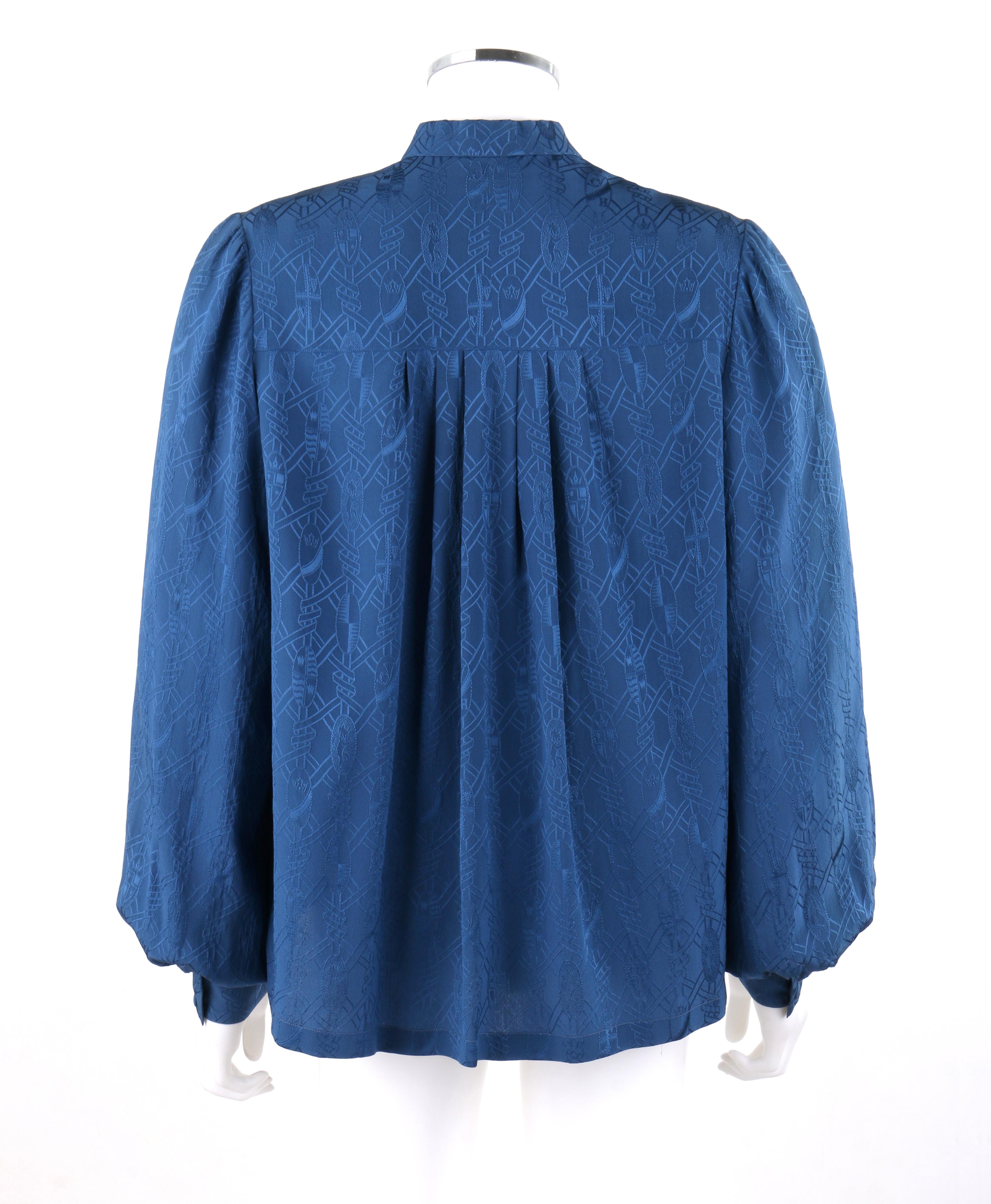 Blue HERMES c.1970s Navy Royal Crest Silk Jacquard Bishop Sleeve Secretary Blouse 