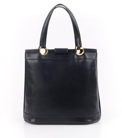 HERMES c.1973 "Berry" Navy Blue Box Calf Leather Double Top Handle Tote Handbag